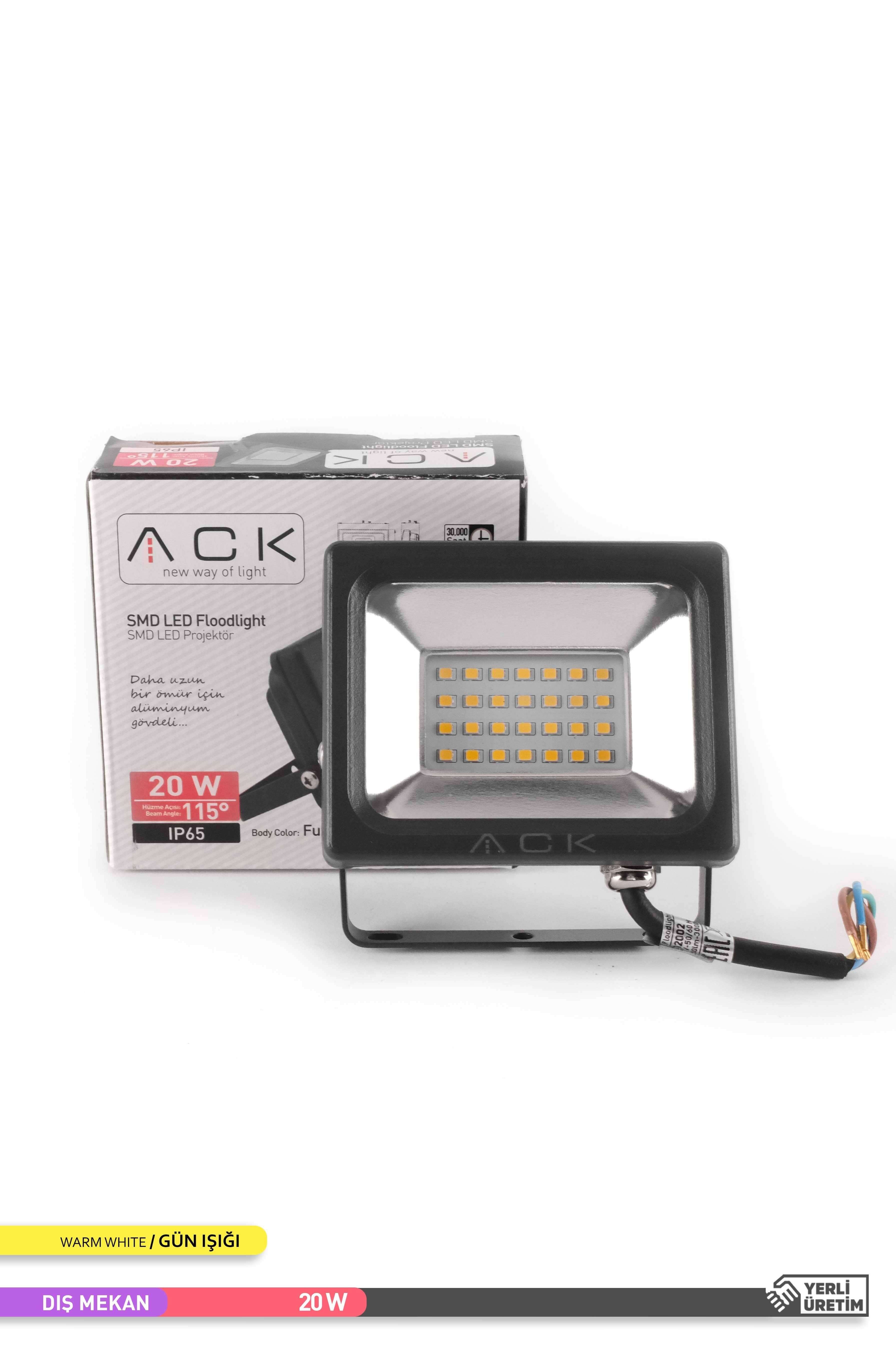 ACK SMD LED Projektör Siyah Kasa 3000K Gün Işığı 220V 20W AT61-02002