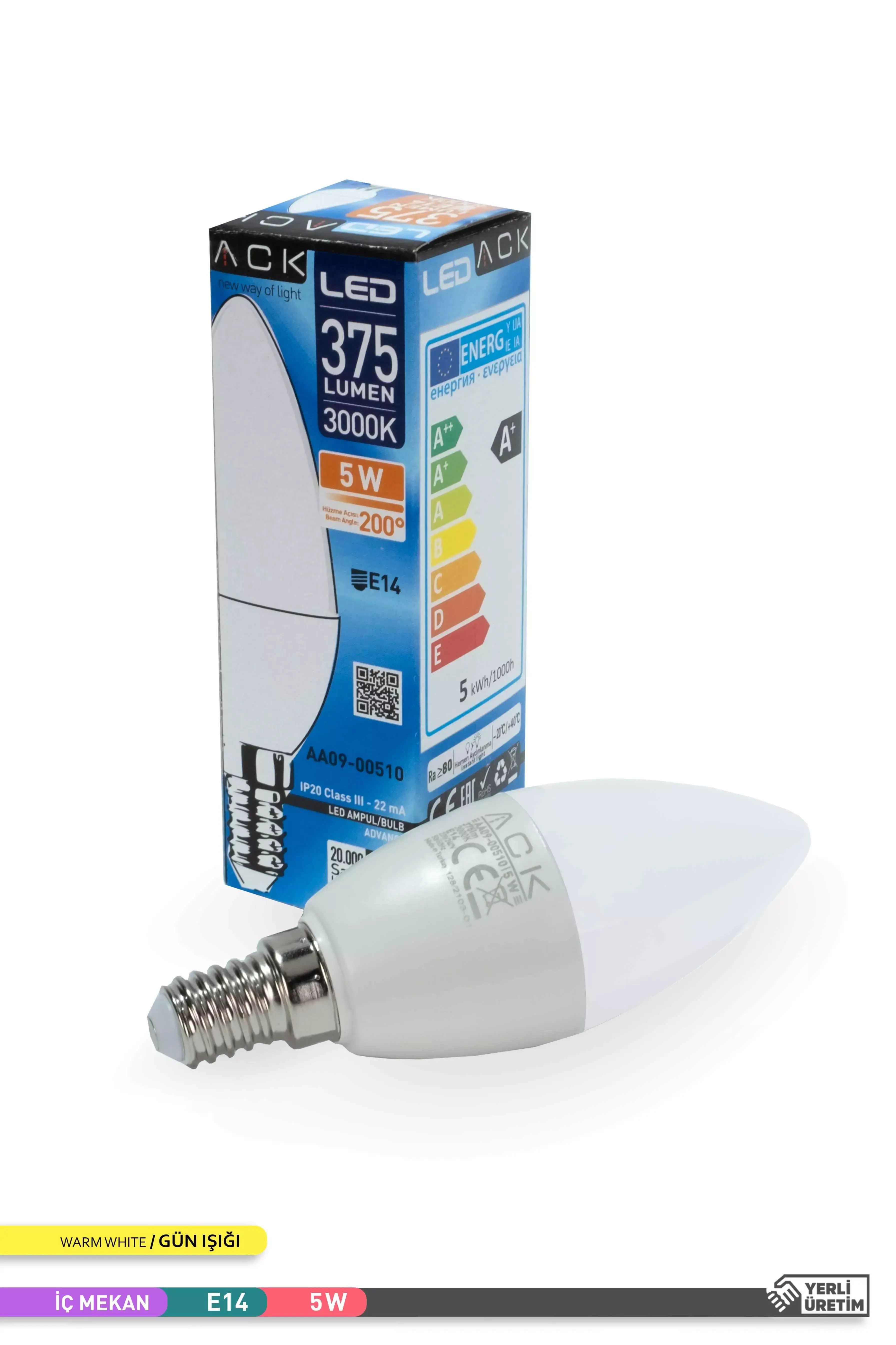 ACK LED Mum Ampul 3000K Gün Işığı 220V 5W E14 AA09-00510