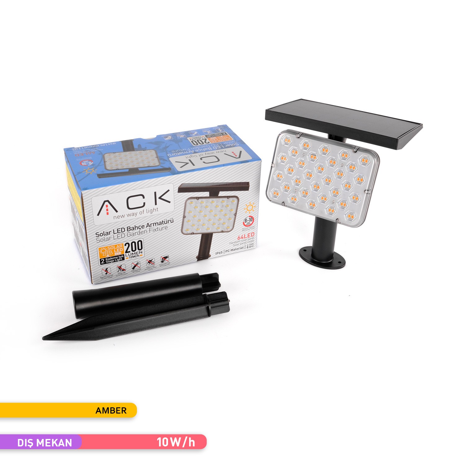 Ack Solar PC LED Kazıklı Çim Armatürü Güneş Enerjili Bahçe Duvar Aydınlatması Amber Işık 2 Kademe AG60-01881