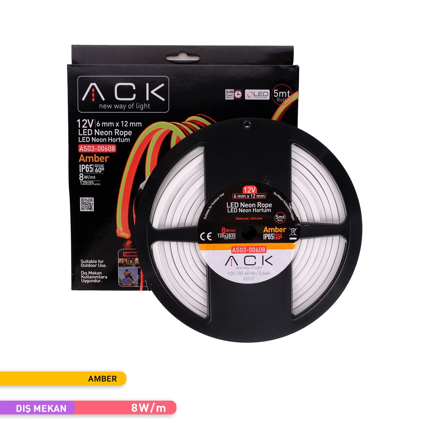 ACK LED Neon Hortum Amber Işık 5 Metre 12V 10W/mt AS03-00608