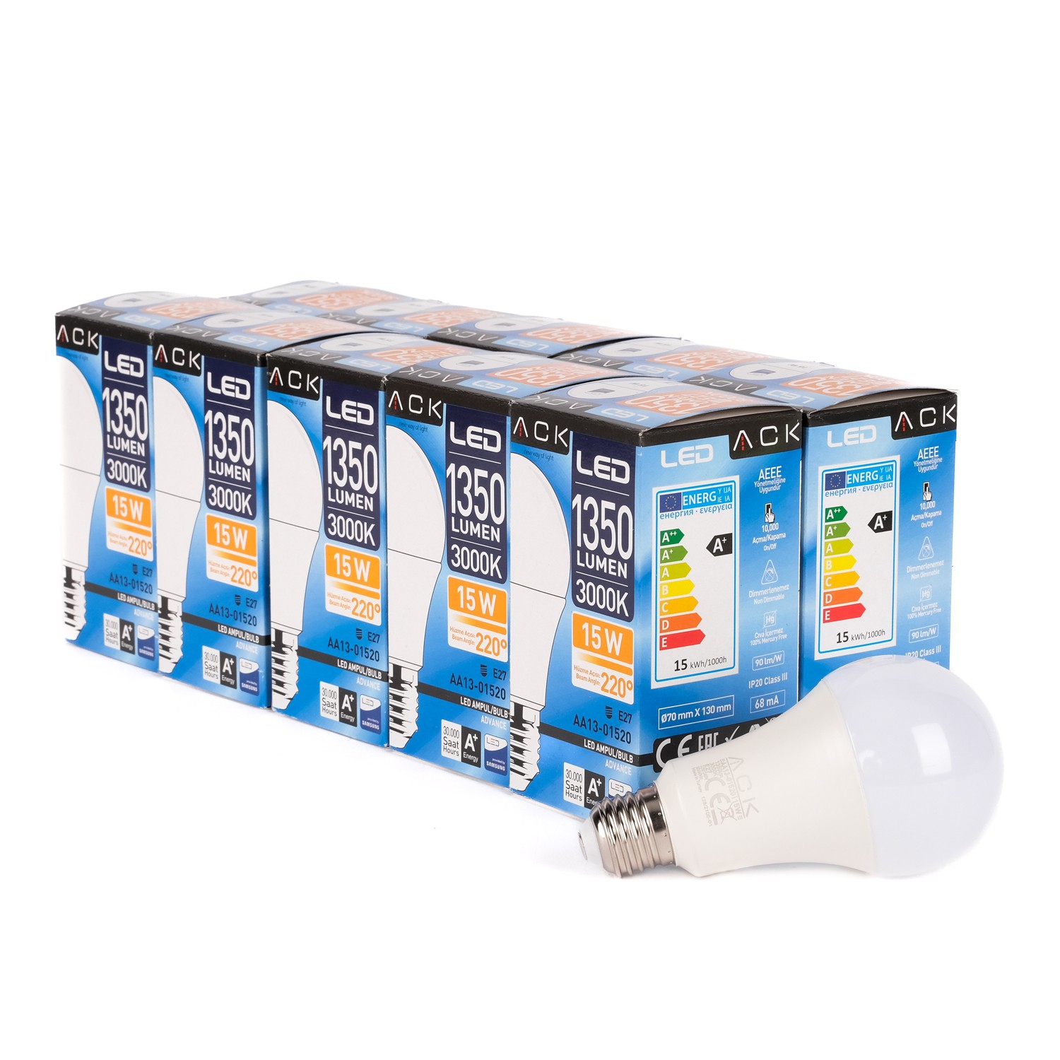 ACK LED A70 AMPUL 3000K GÜN IŞIĞI 220V 15W E27 10'LU EKO PAKET