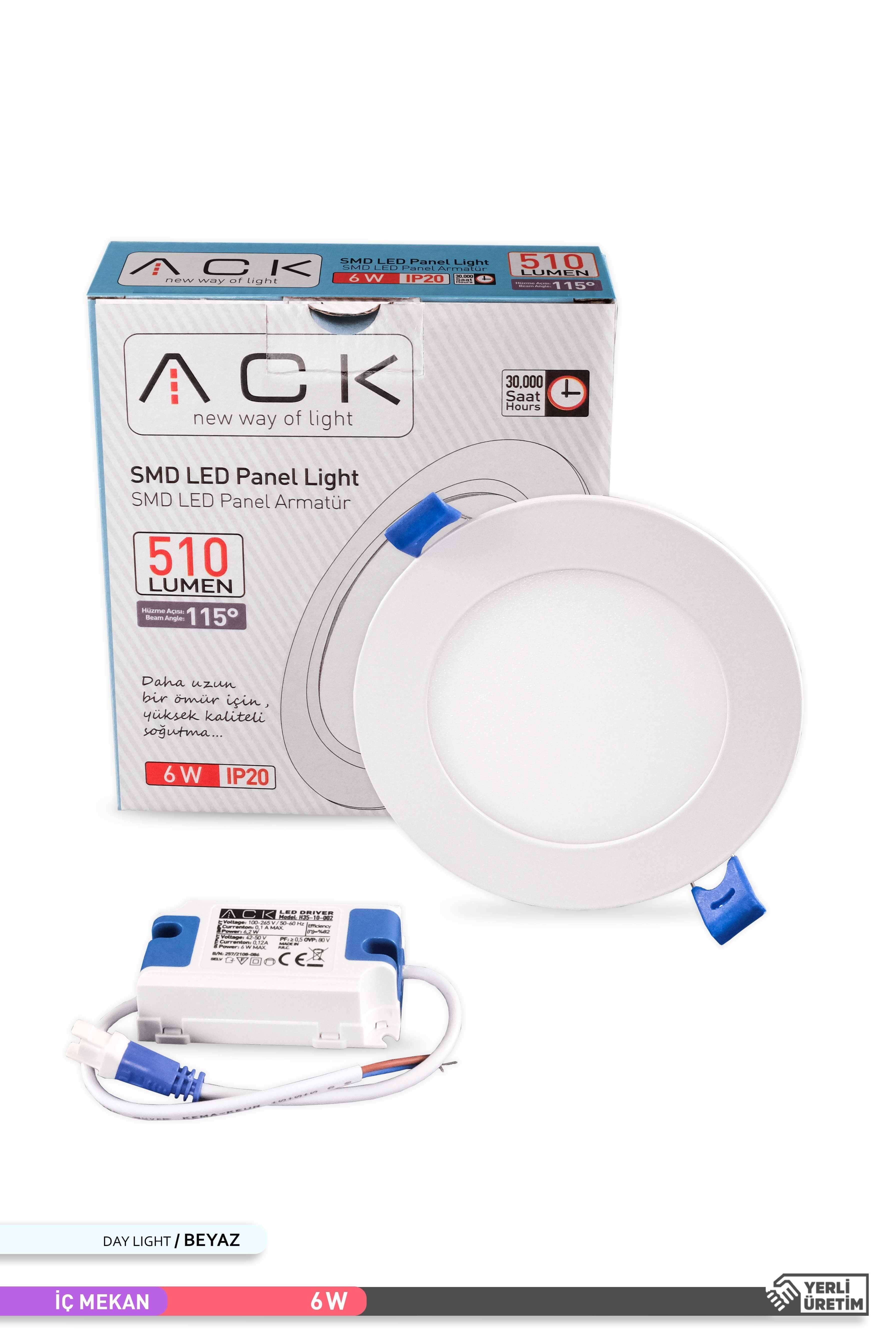 ACK Sıva Altı Yuvarlak LED Panel Armatür Beyaz Gövde 6500K Beyaz Işık 6W AP01-00630