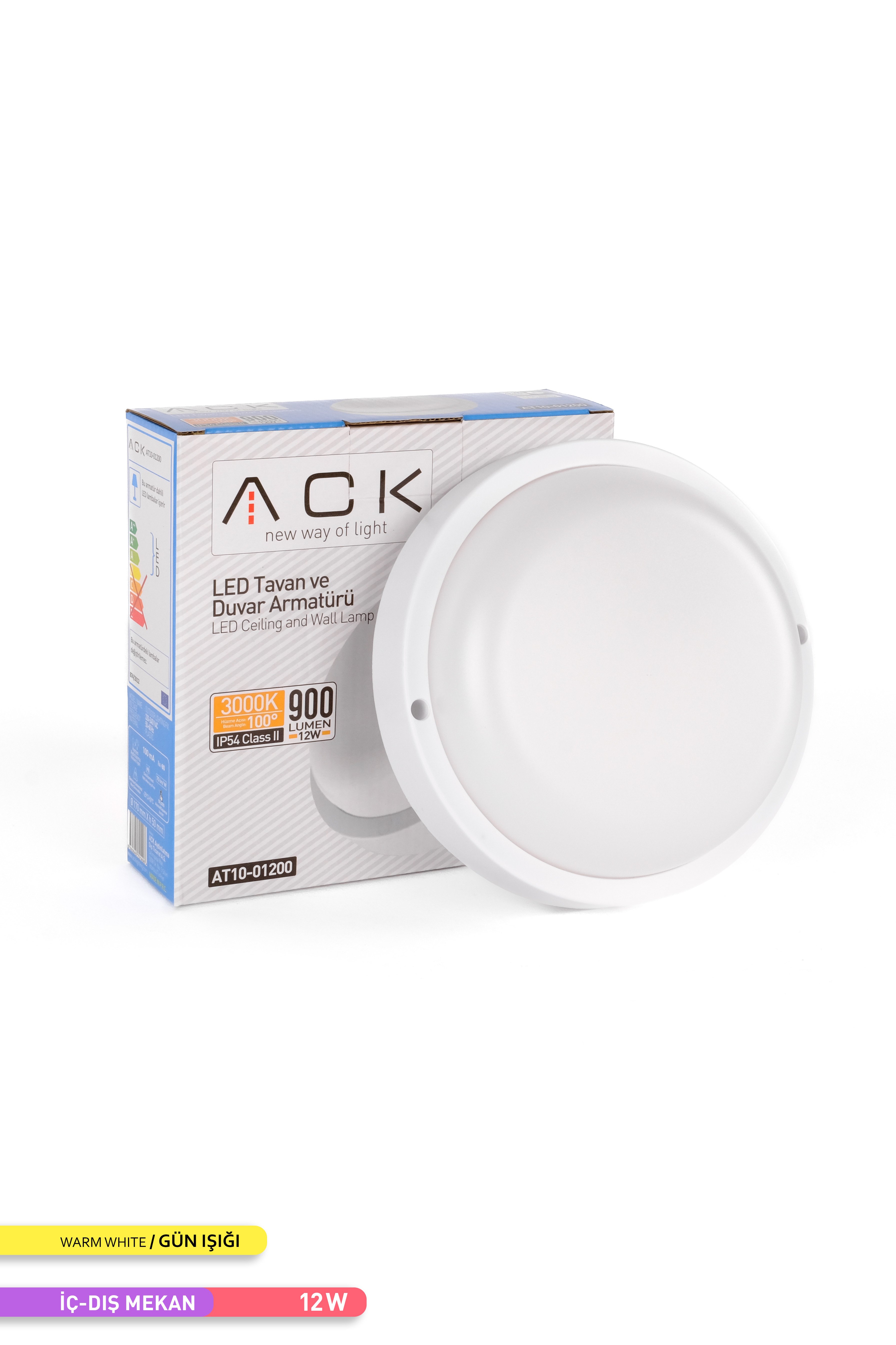 ACK 12W LED Tavan/Duvar Armatürü 3000K Günışığı Beyaz Kasa Duvar Apliği