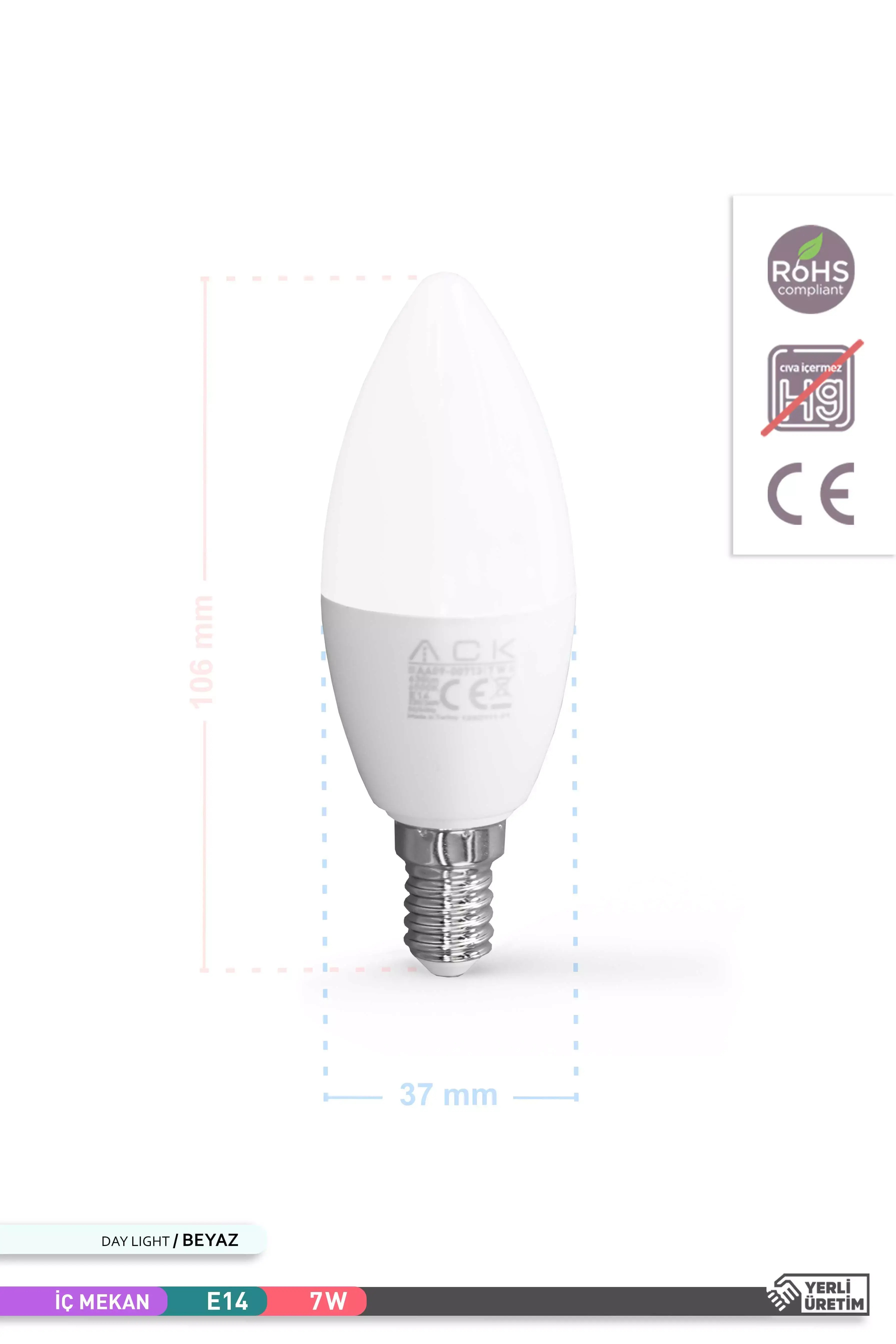 ACK LED Mum Ampul 6500K Beyaz Işık 220V 7W E14