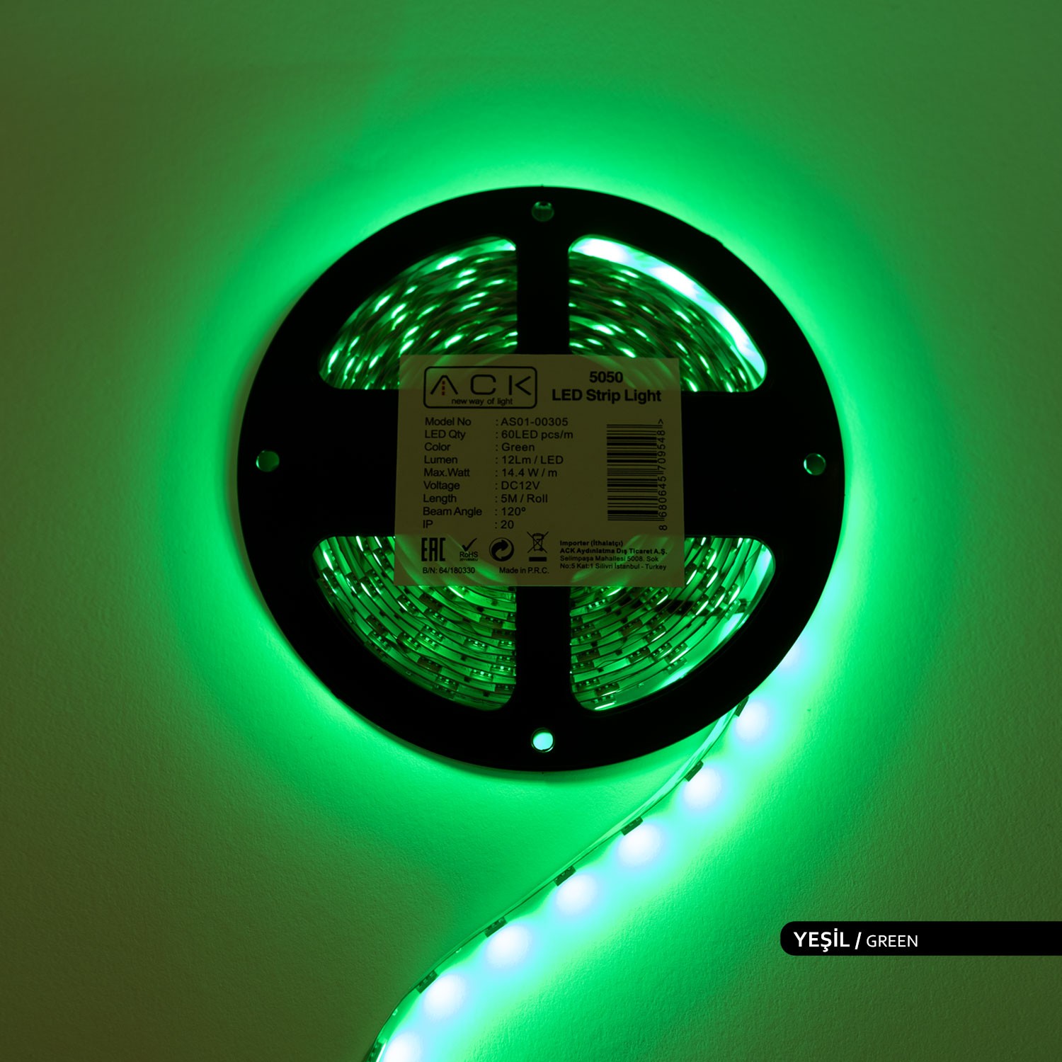 ACK Üç Çip 60 LED li Şerit LED Yeşil Işık 12V 14.4W 5m