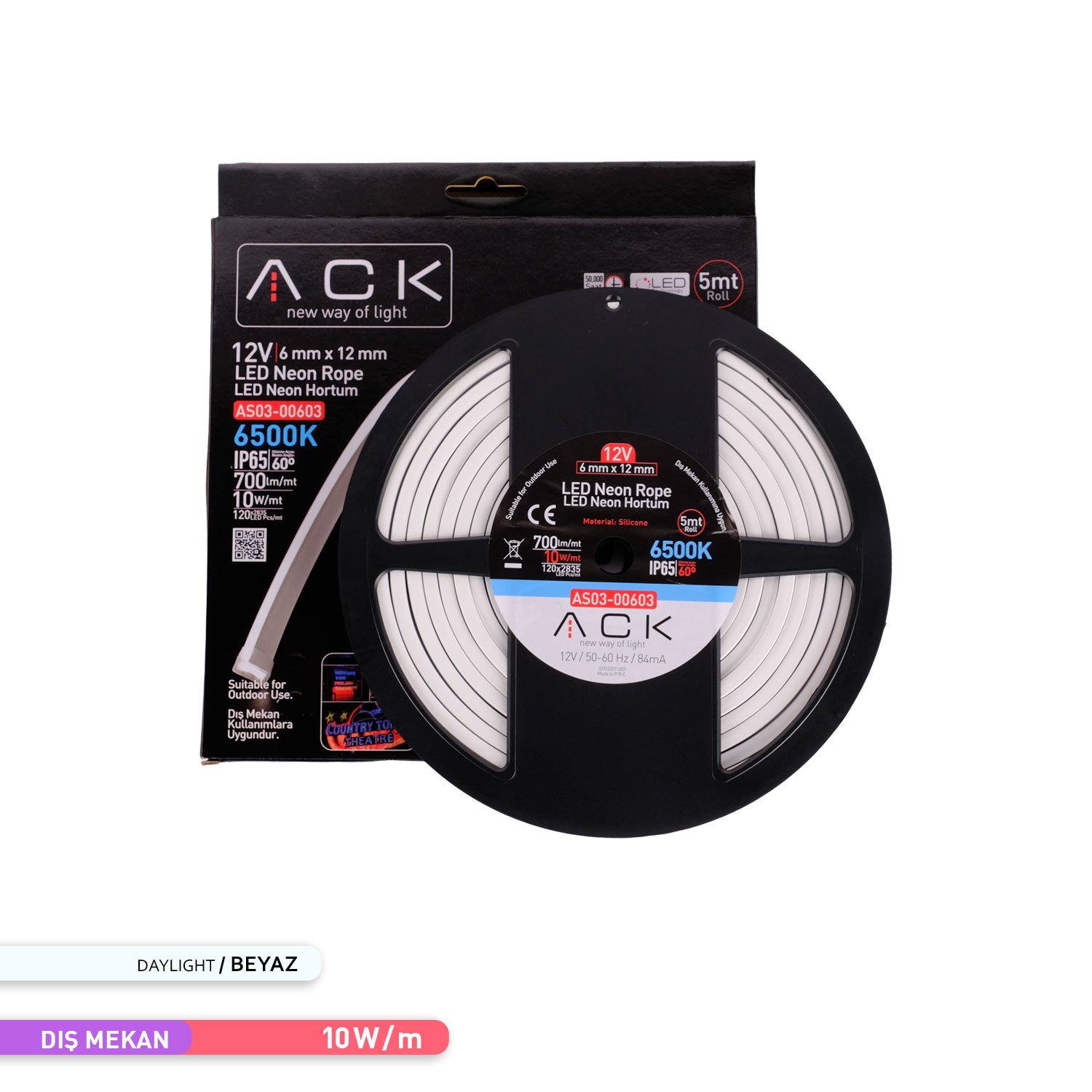 ACK LED Neon Hortum 6500K Beyaz Işık 5 Metre 12V 10W/mt AS03-00603