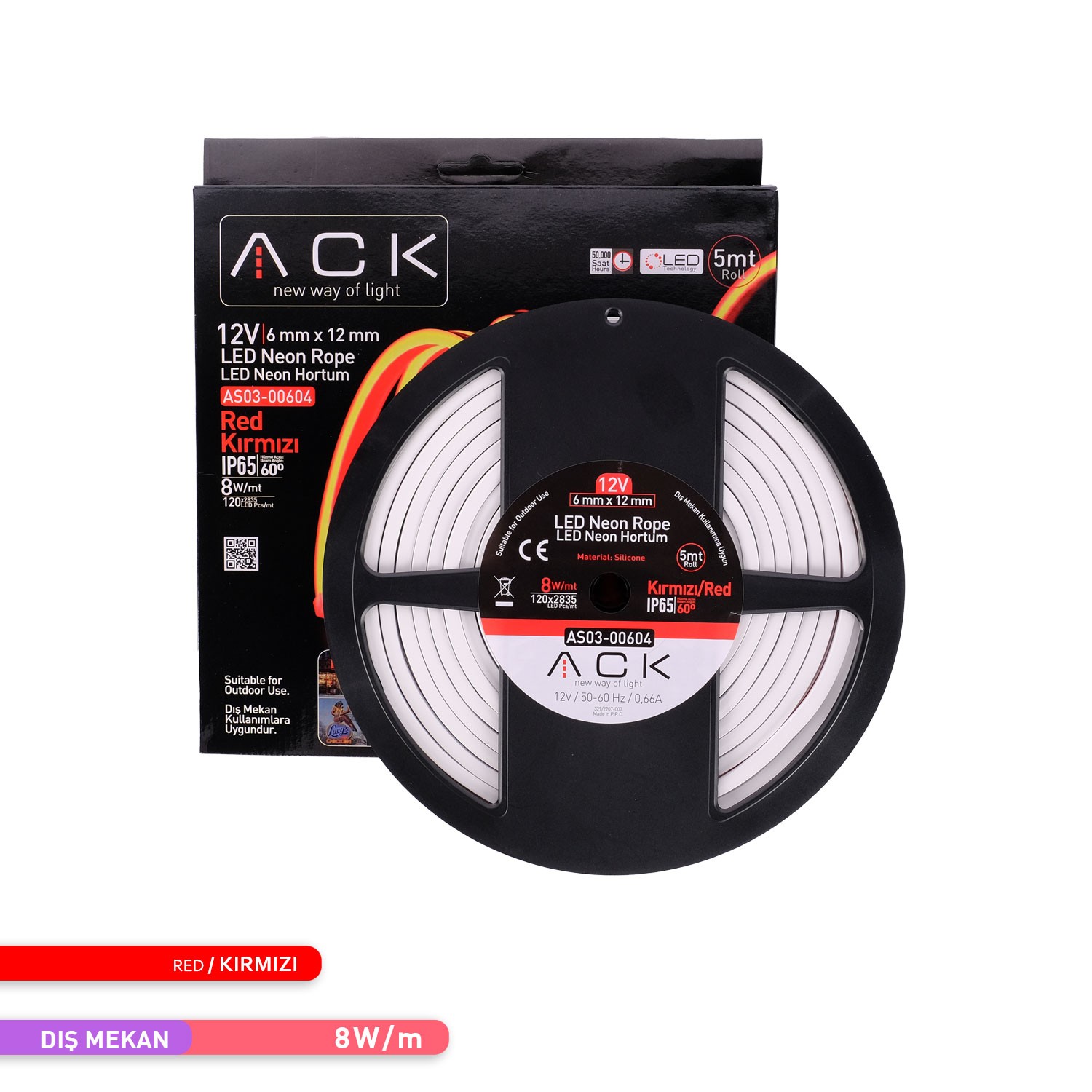 ACK LED Neon Hortum Kırmızı Işık 5 Metre 12V 10W/mt