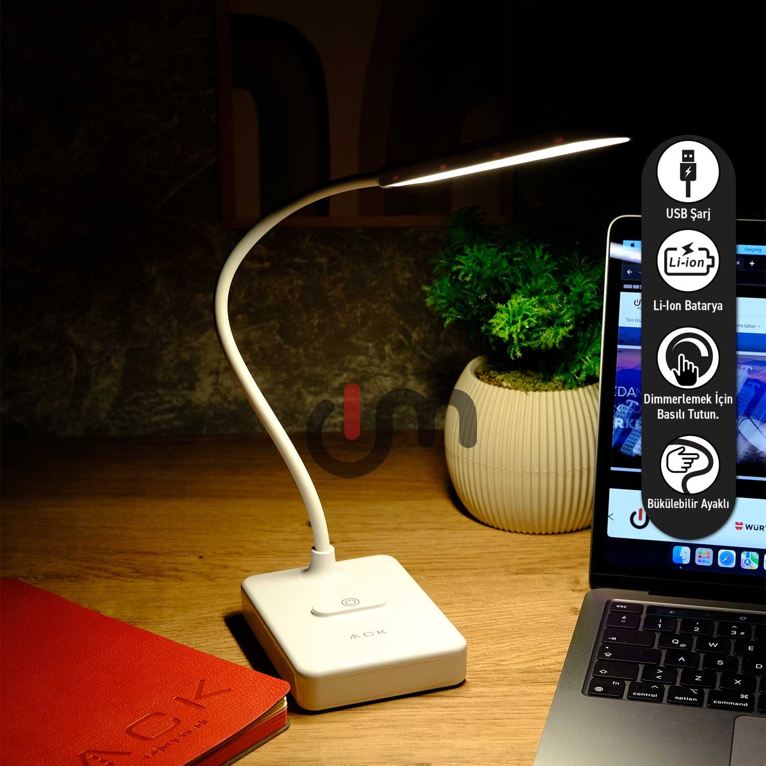 ACK Şarjlı LED Masa Lambası, Ayarlanabilir Dokunmatik Işık, Çalışma ve Okuma Lambası