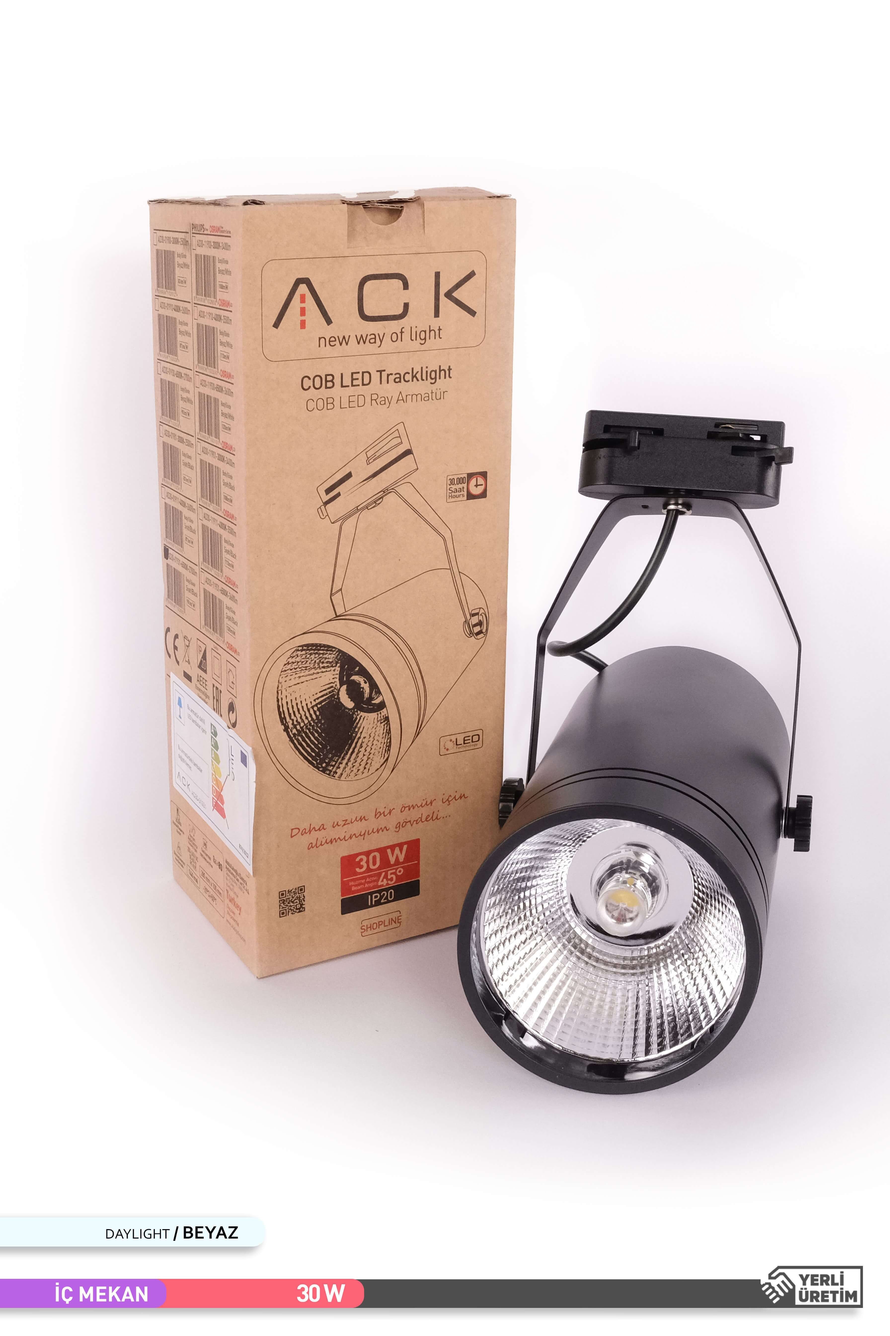 ACK COB LED Monofaze Ray Armatürü Siyah Gövde Çift Ayaklı 6500K Beyaz Işık 30W