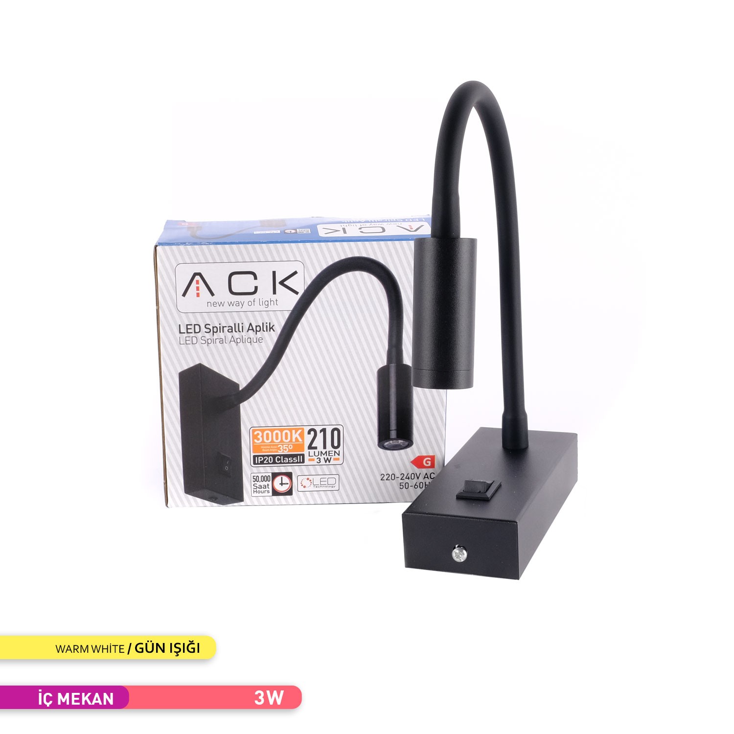 ACK LED Spiralli Aplik 3000K Günışığı Siyah Gövde  AH09-00301