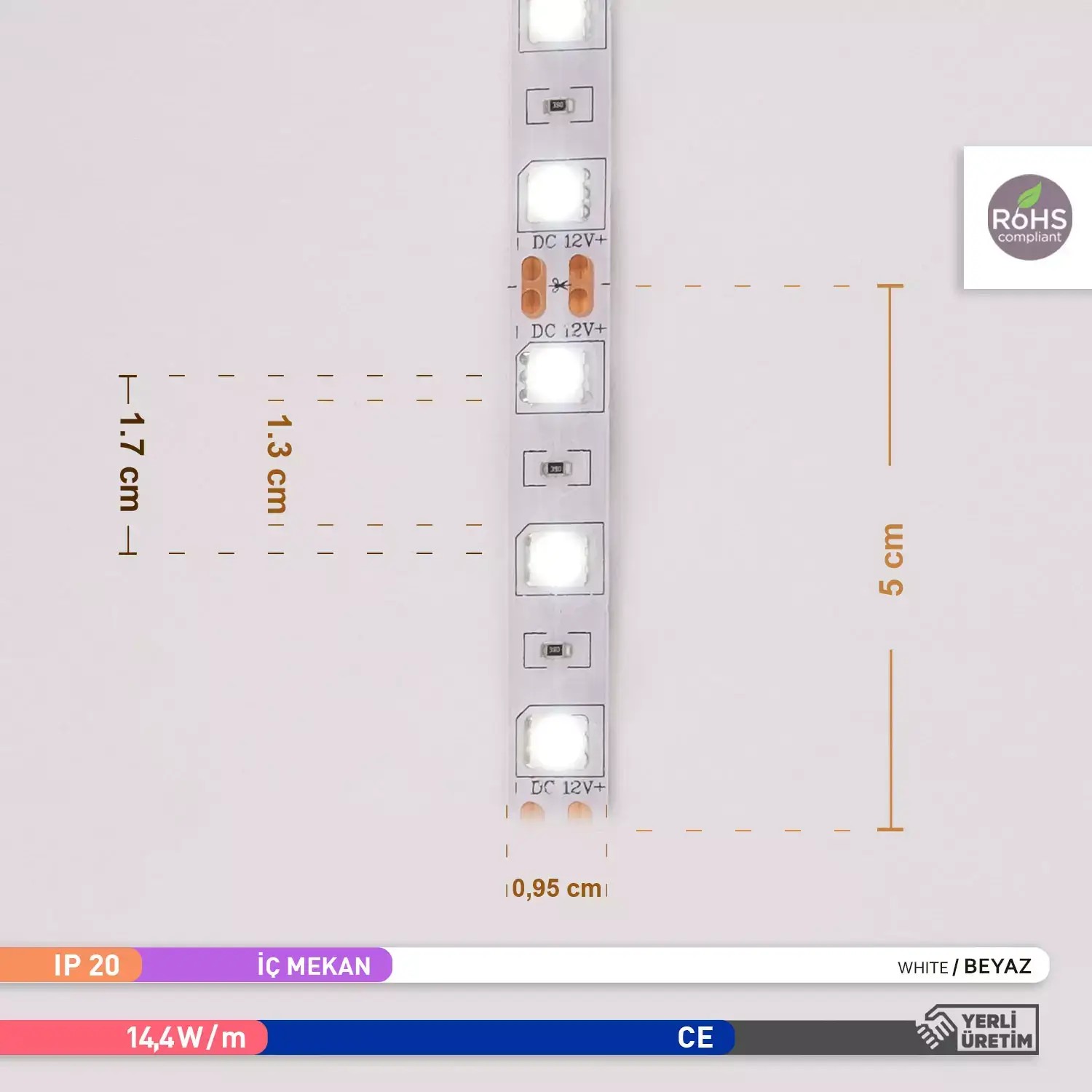 ACK Üç Çip 60 LED li Şerit LED 6500K Beyaz Işık 12V 14.4W 5m AS01-00303