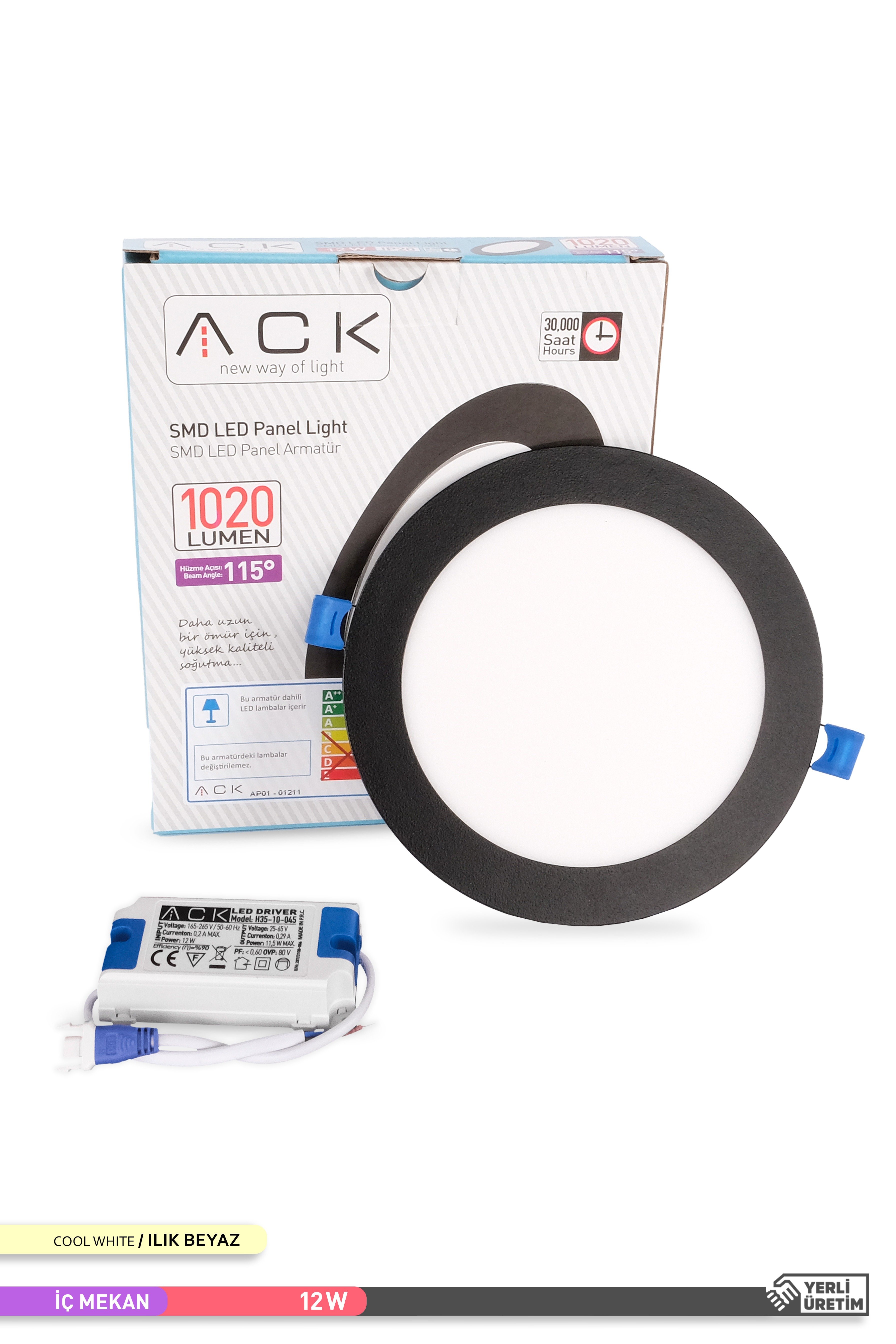 ACK 12W Sıva Altı Yuvarlak LED Panel Armatür Siyah Gövde 4000K Ilık Beyaz AP01-01211