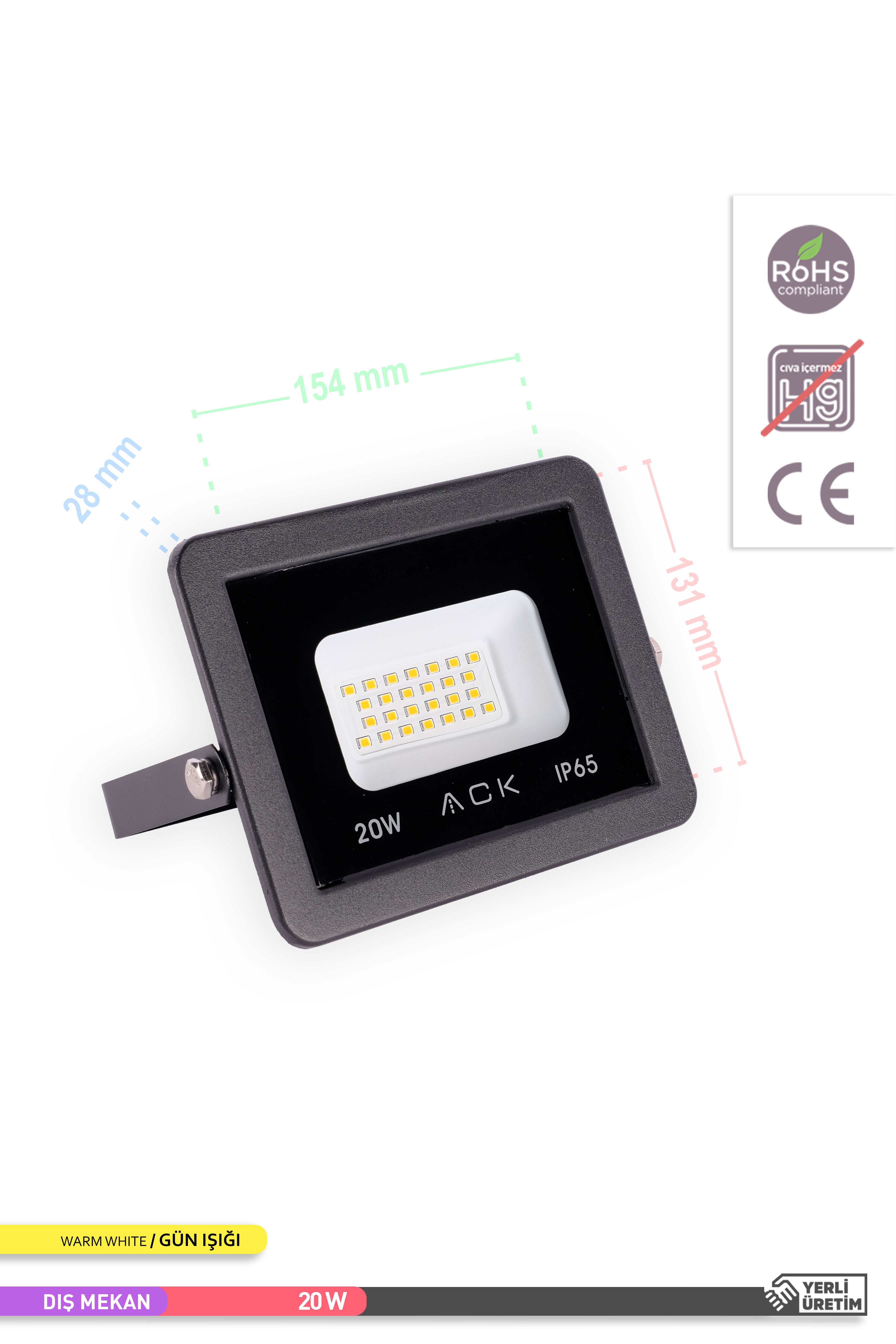 ACK SMD LED Projektör 3000K Gün Işığı 20W AT62-02002