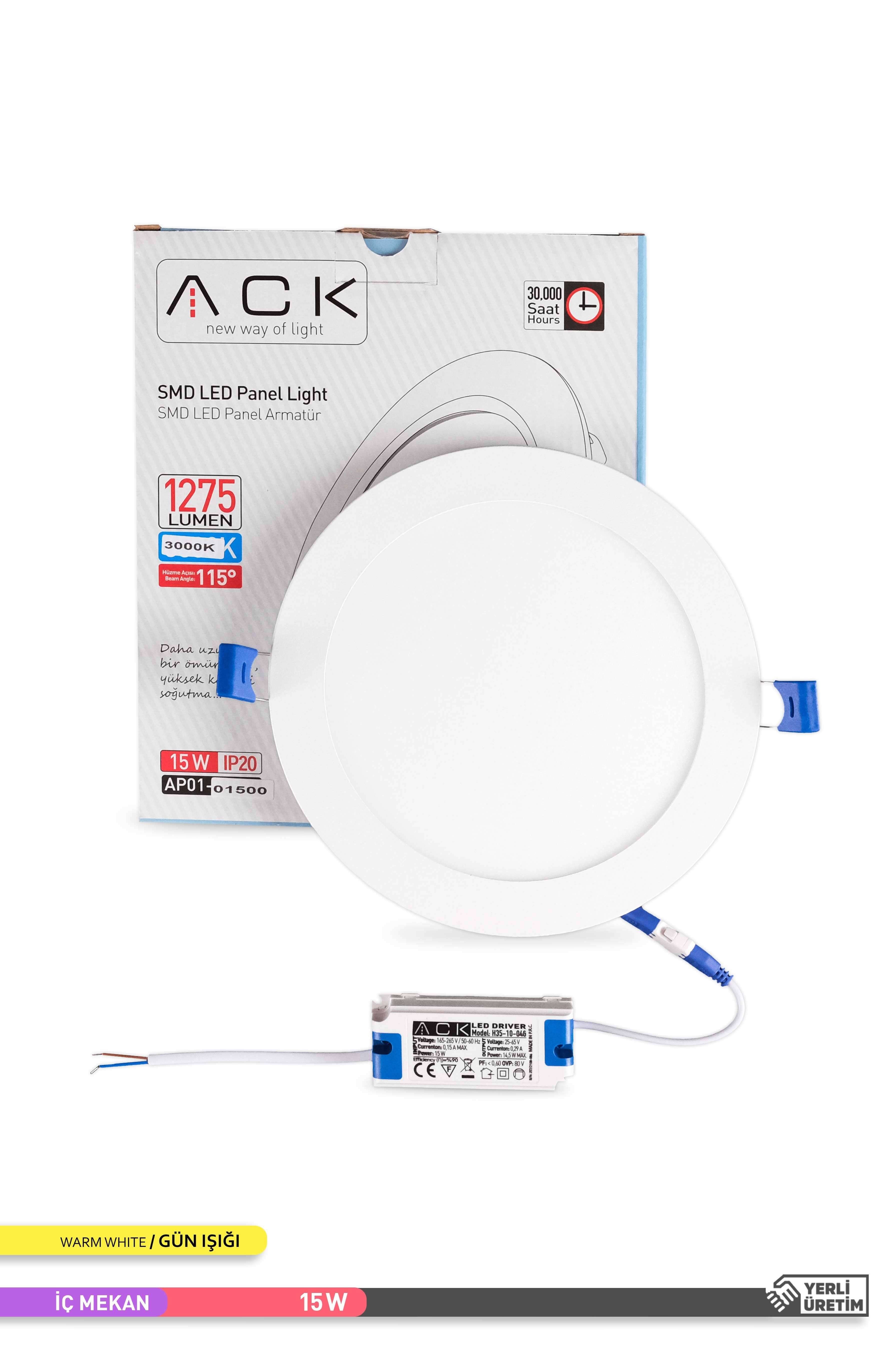 ACK Sıva Altı Yuvarlak LED Panel Armatür Beyaz Gövde 3000K Gün Işığı 15W AP01-01500