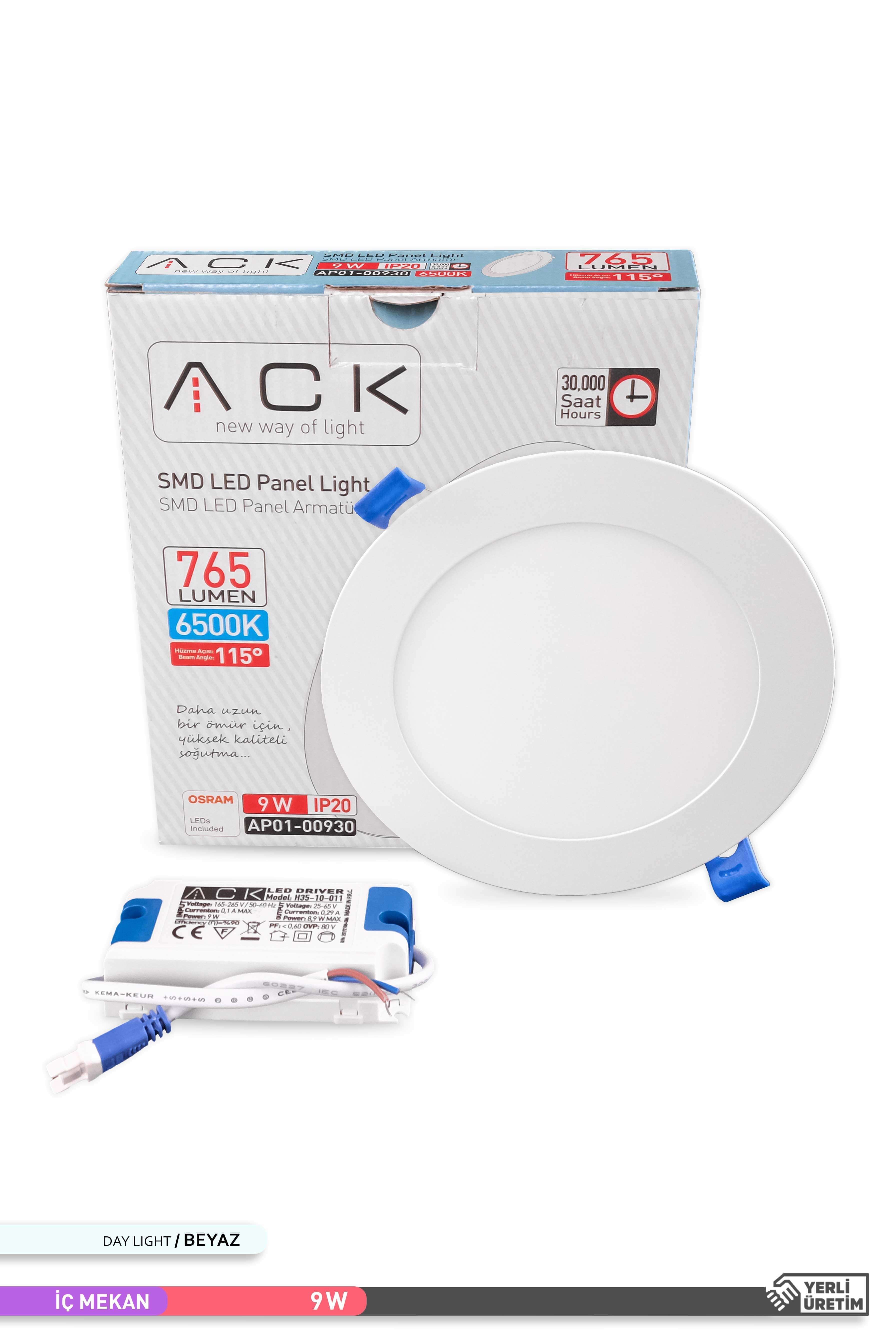 ACK Sıva Altı Yuvarlak LED Panel Armatür Beyaz Gövde 6500K Beyaz Işık 9W AP01-00930