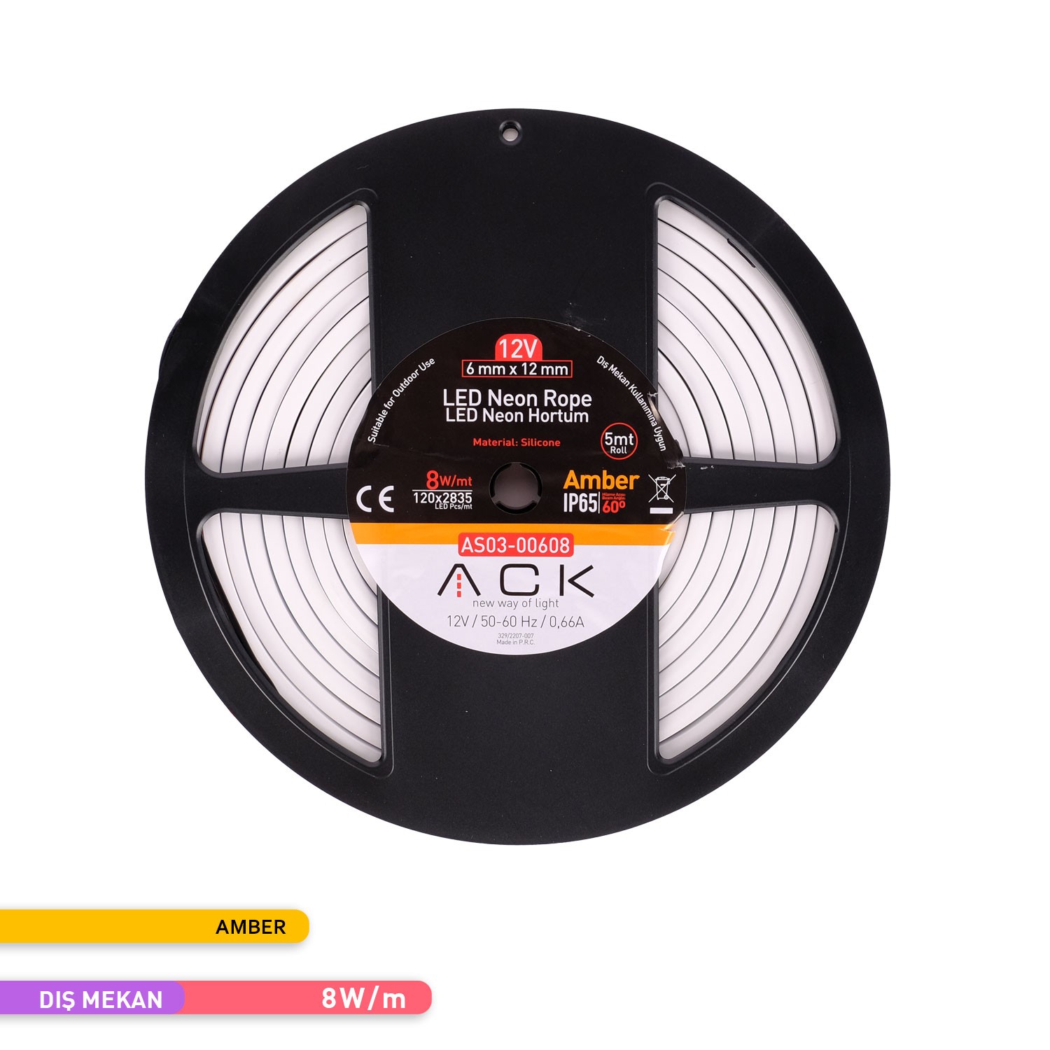 ACK LED Neon Hortum Amber Işık 5 Metre 12V 10W/mt AS03-00608