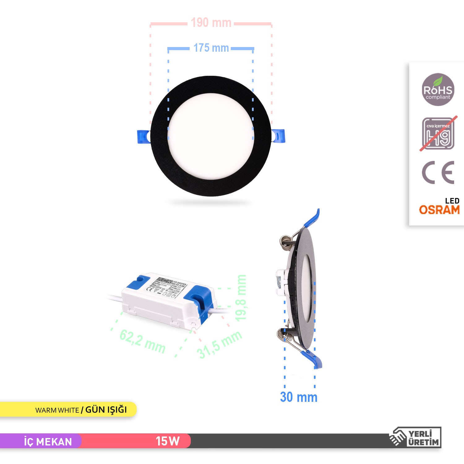 ACK 15W Sıva Altı Yuvarlak LED Panel Armatür Siyah Gövde 3000K Günışığı AP01-01501