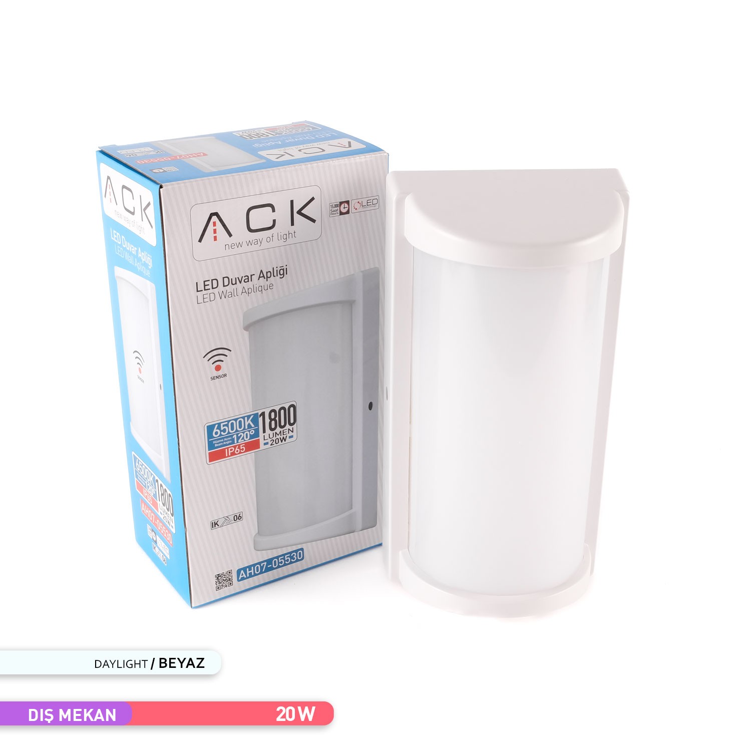 ACK 20W Radar Sensörlü İç ve Dış Mekan LED Duvar Apliği Beyaz AH07-05530