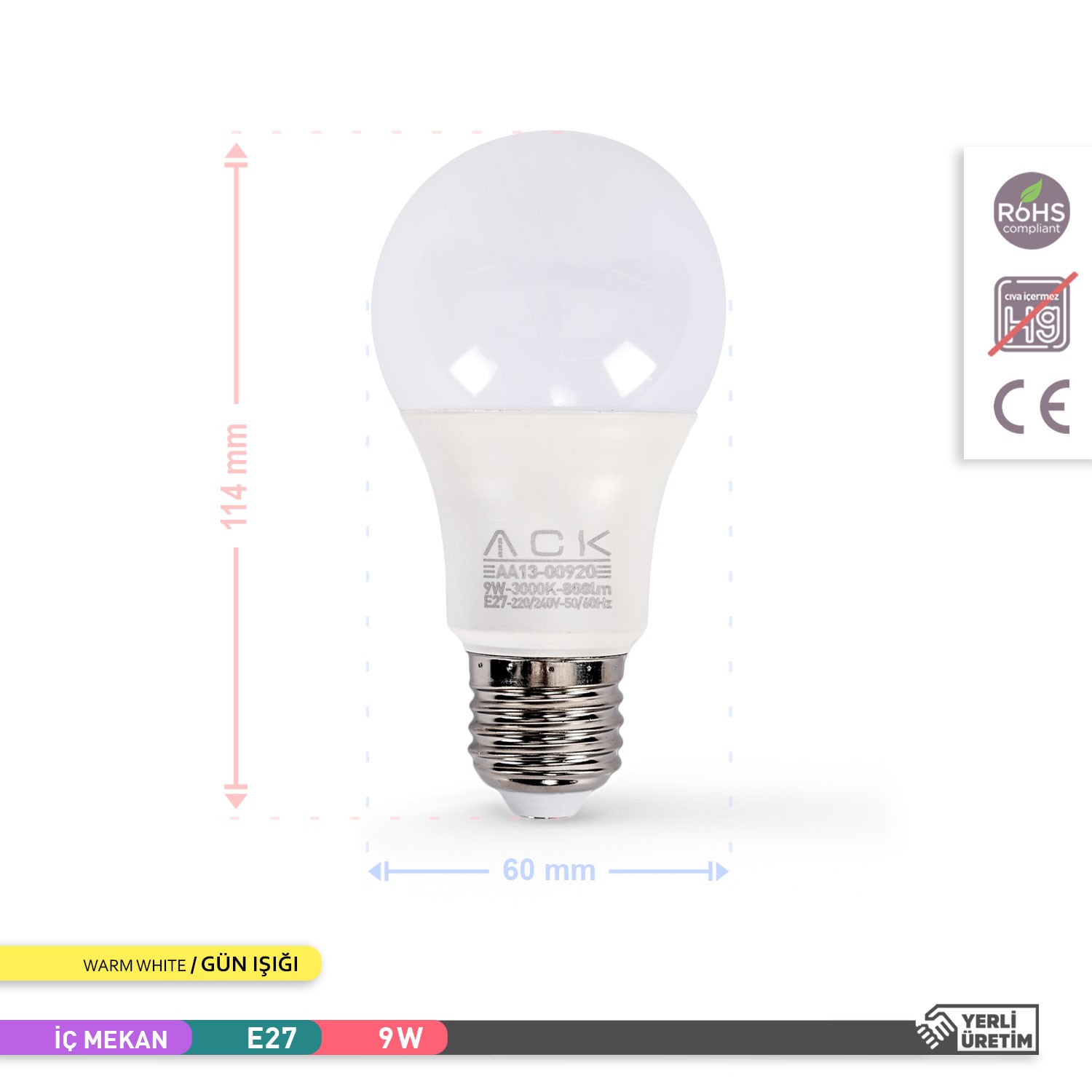 ACK 9W LED A60 AMPUL 3000K GÜN IŞIĞI E27 3'LÜ EKO PAKET