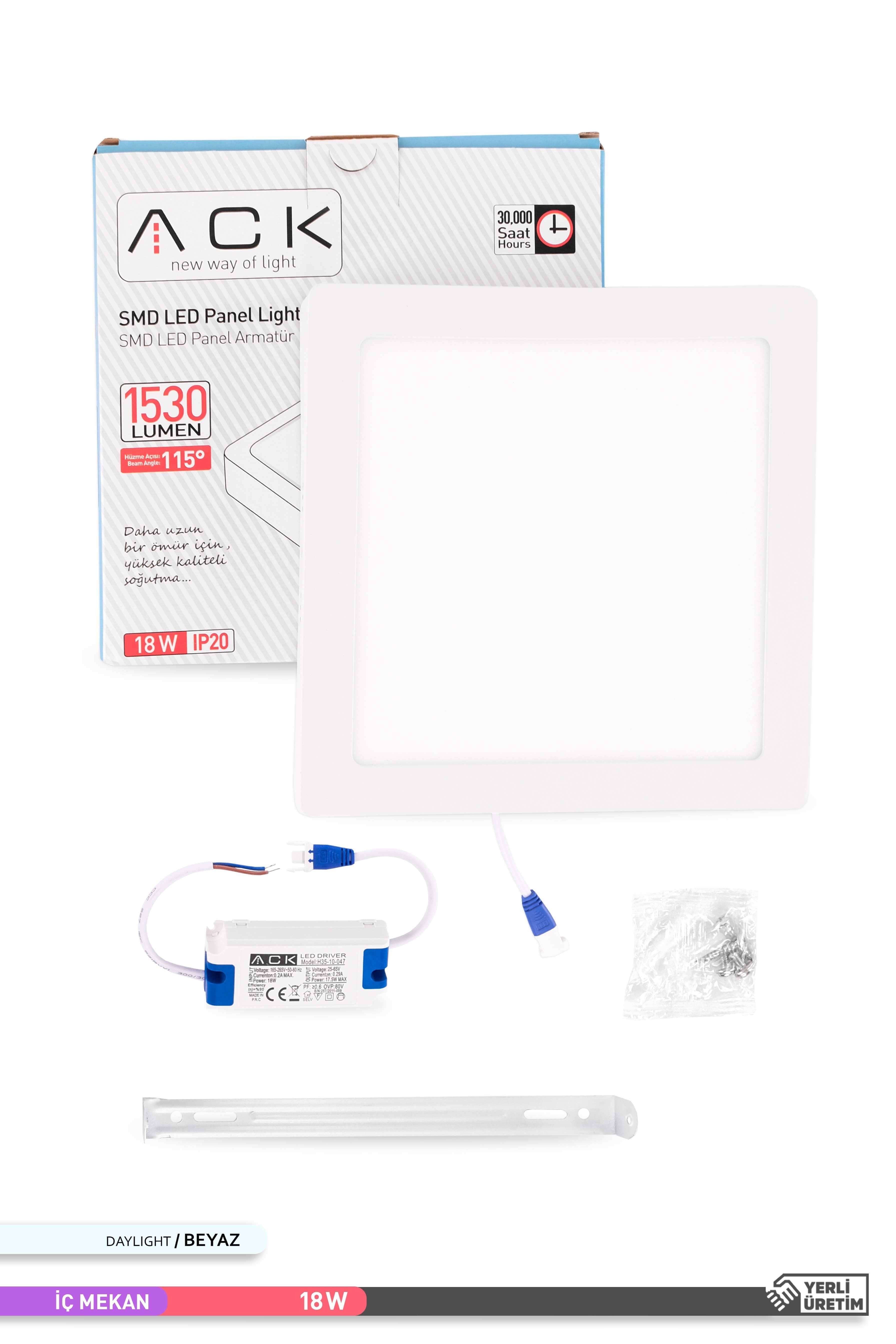 ACK Sıva Üstü Kare LED Panel Armatür Beyaz Gövde 6500K Beyaz Işık 18W AP04-01830