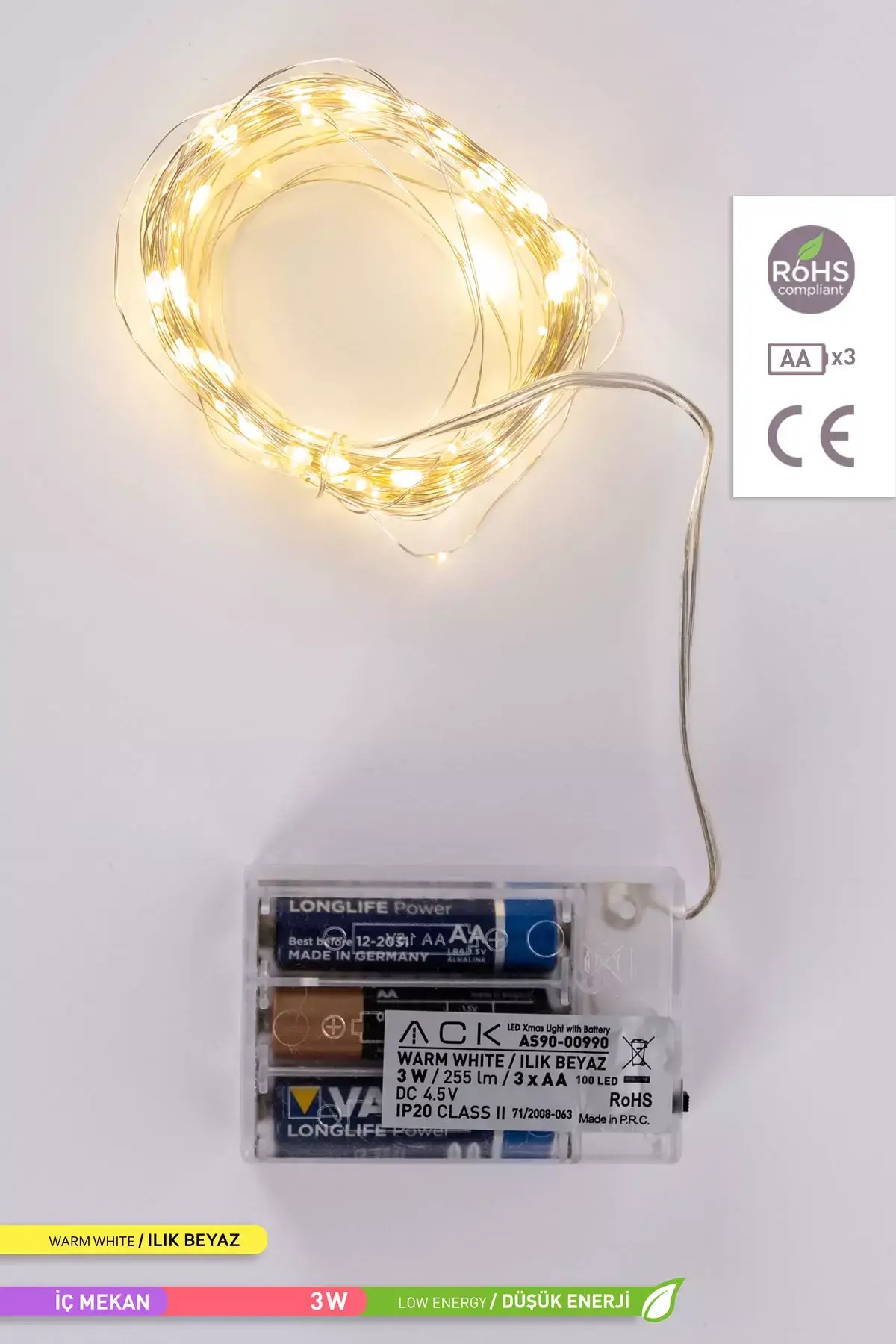 ACK 100 LED li Peri LED Süsleme Işığı 3000K Gün Işığı 3W 10m AS90-00990