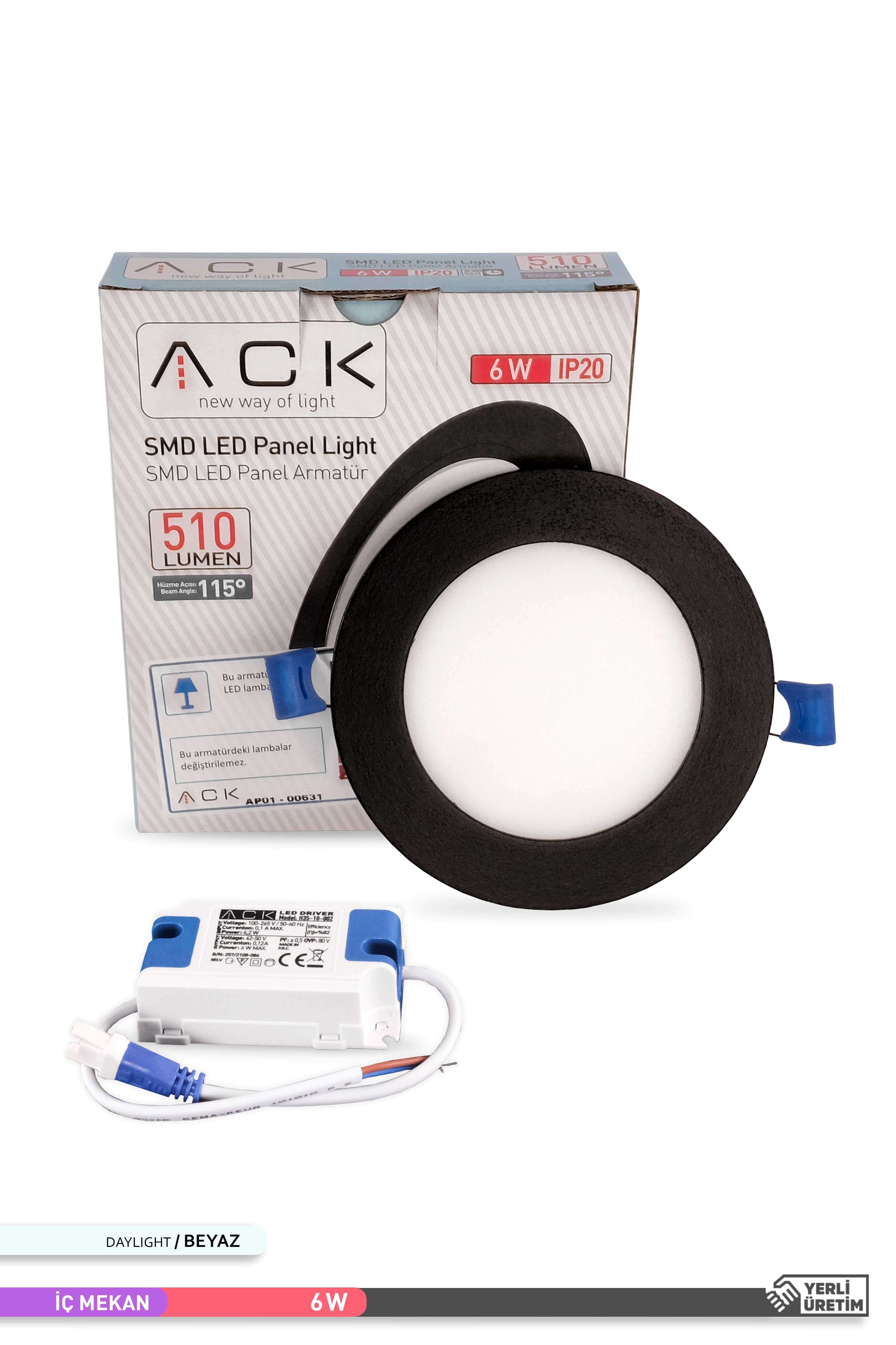 ACK 6W Sıva Altı Yuvarlak LED Panel Armatür Siyah Gövde 6500K Beyaz AP01-00631