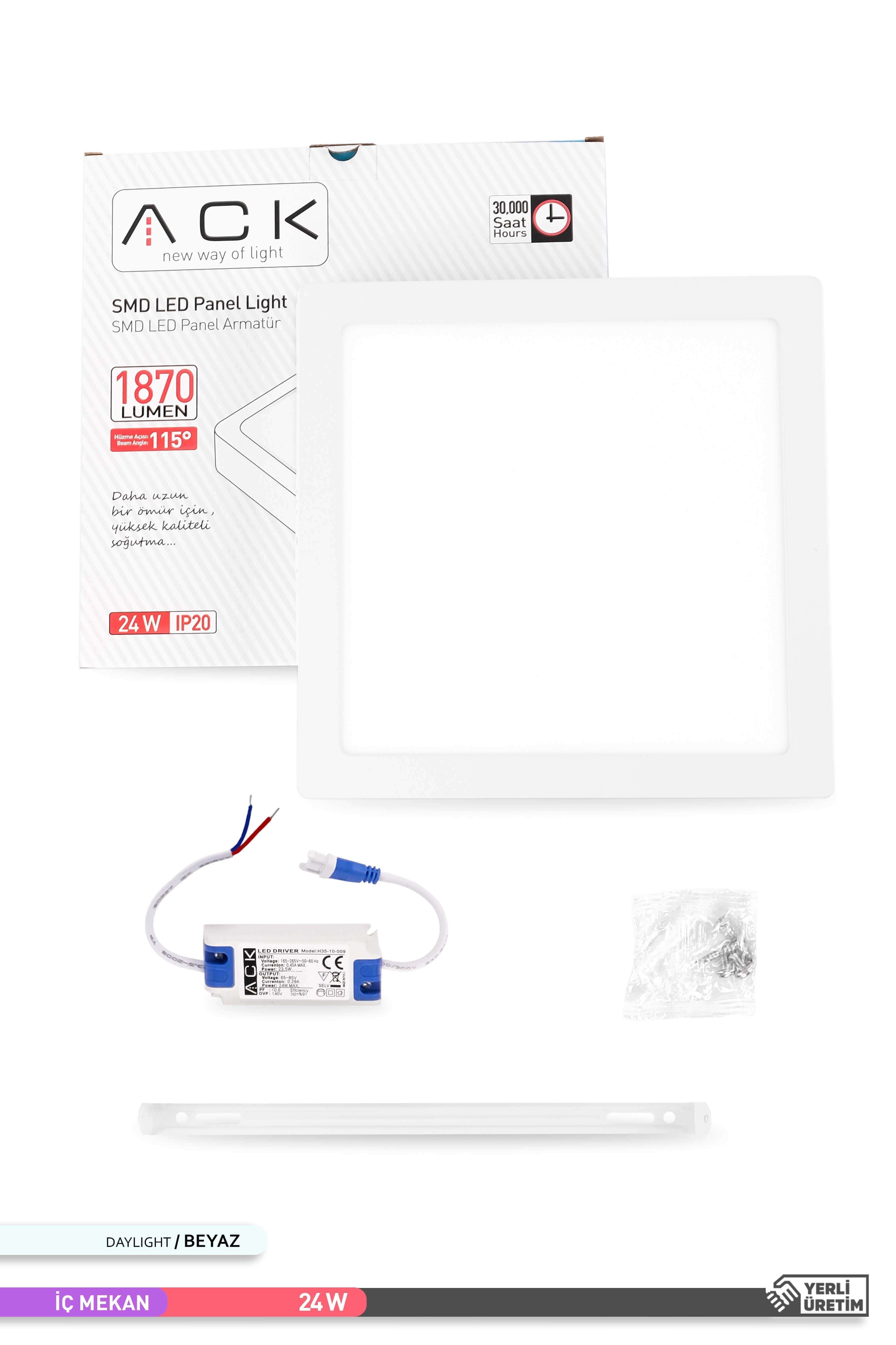 ACK Sıva Üstü Kare LED Panel Armatür Beyaz Gövde 6500K Beyaz Işık 24W AP04-02430