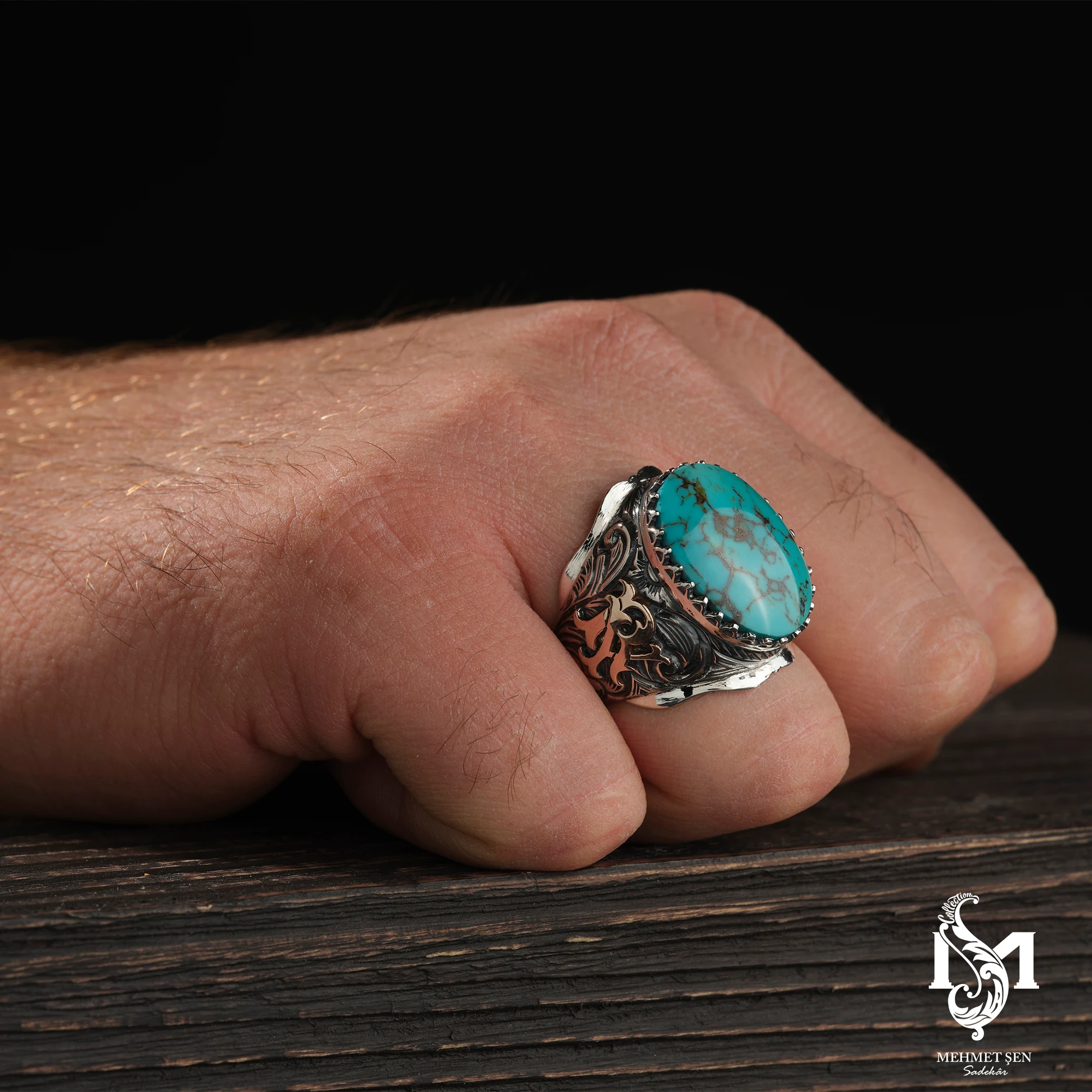 Firuze Taşlı Gümüş Erkek Yüzük Modeli