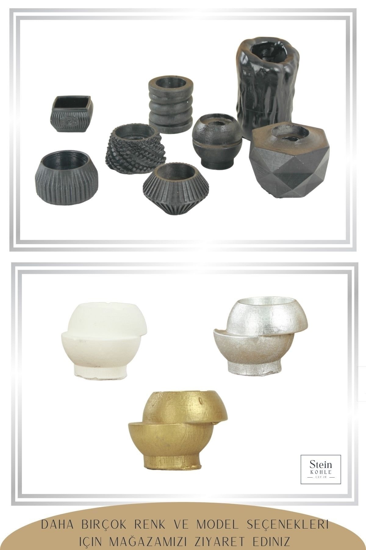 Şamdan Dekoratif Mumluk Siyah Şamdan Set 3 lü (Üçlü) Tealight ve Uzun Mum Uyumlu Kesik Model