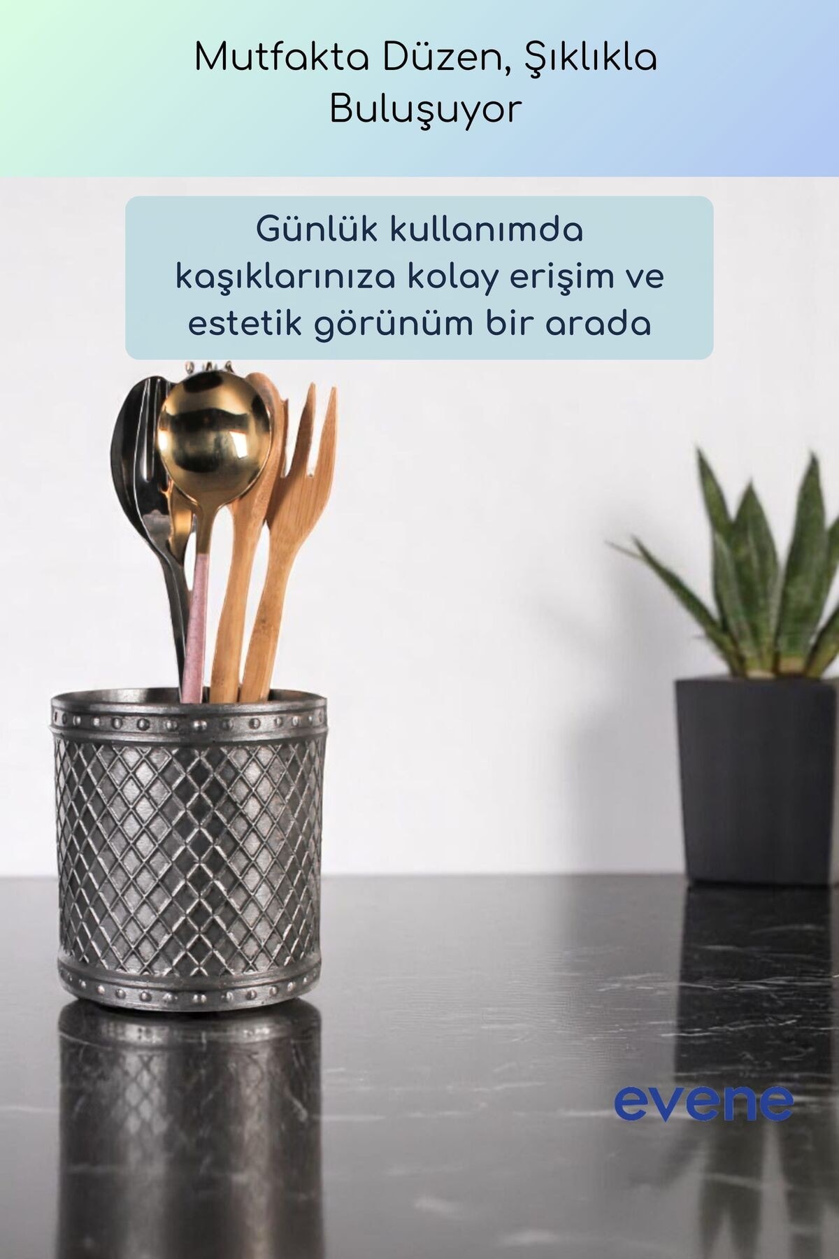 Tezgah Üstü Kaşıklık Dekoratif Dik Kaşıklık Silindir Kaşıklık Gümüş Eskitme Renk Model 90