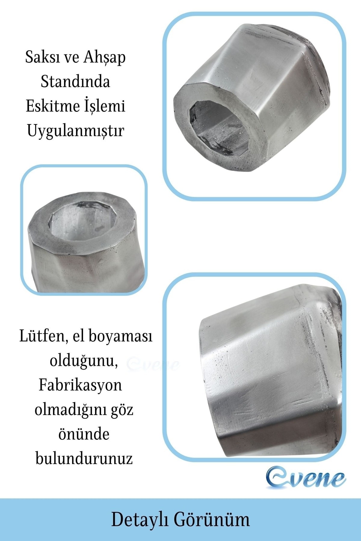 Ahşap Ayaklı Beton Saksı Dekoratif 1 Adet Gümüş Varak Boyalı Eskitmeli Kalın Çizgi Model