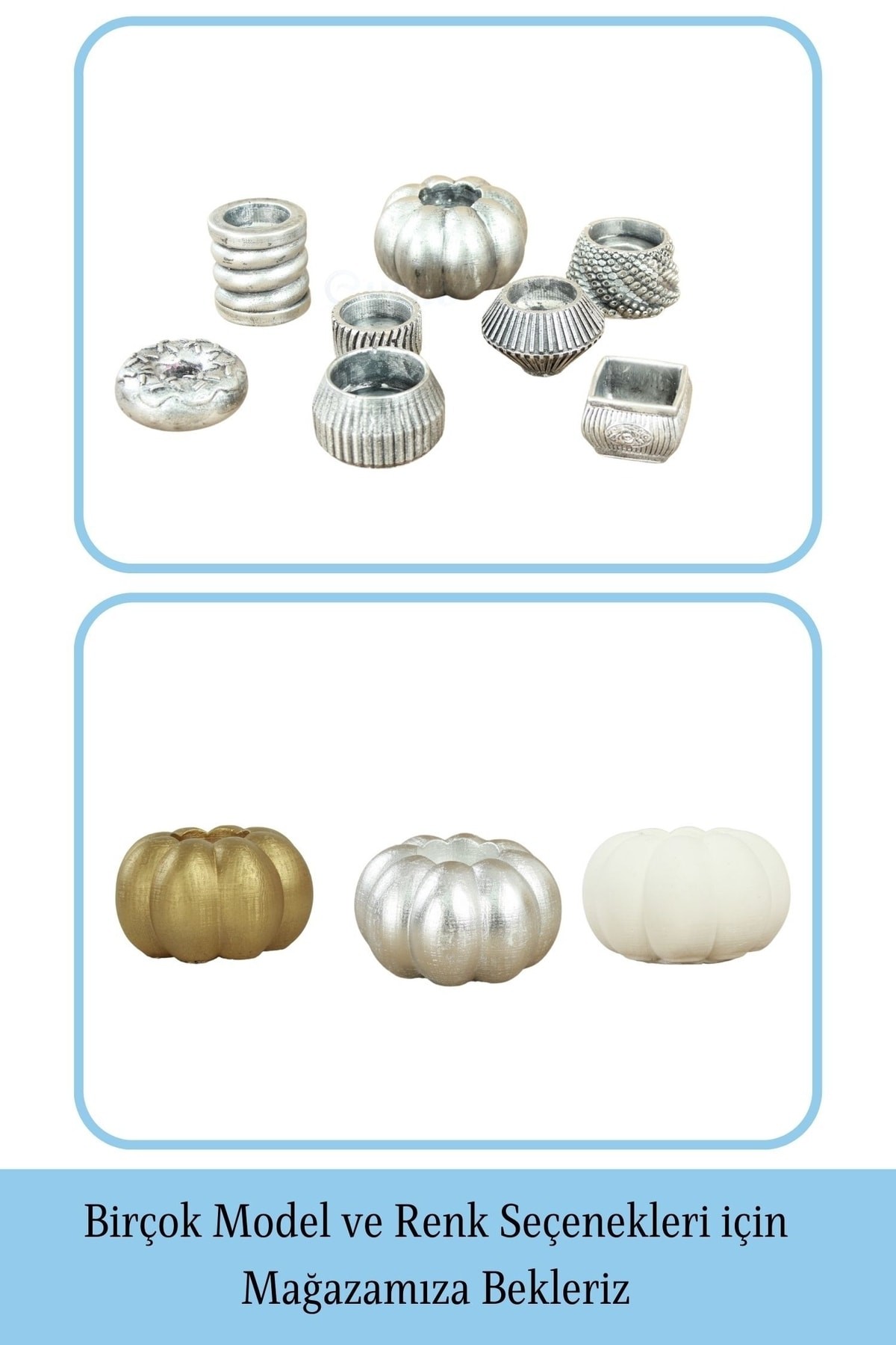 Gümüş Eskitme Mumluk Şamdan 3 Adet Tealight ve İnce Mum Uyumlu Kabak Model