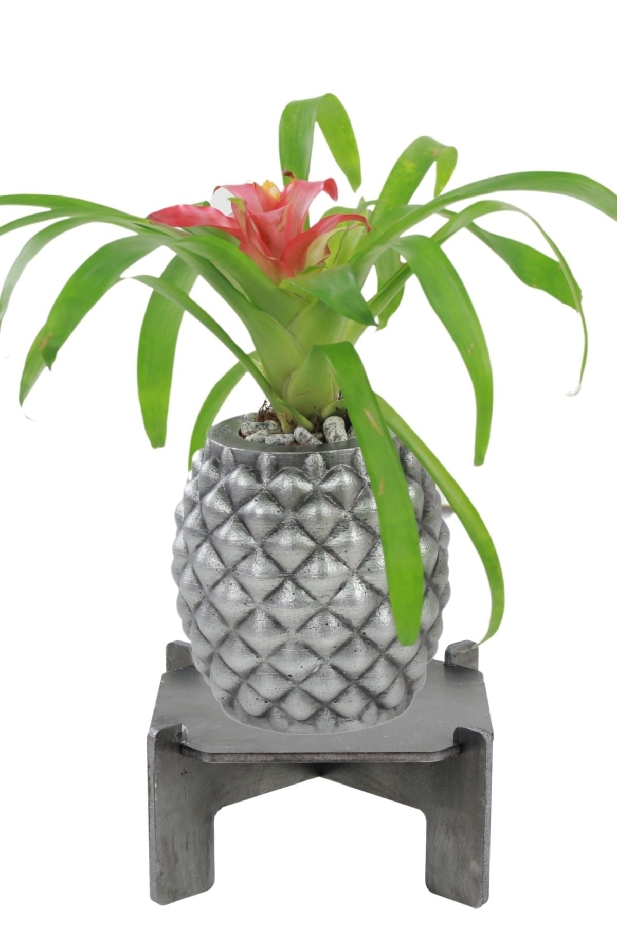 Ayaklı Saksı Ahşap Büyük Boy 1 Adet Gümüş Renk Eskitme Uygulamalı Ananas Model