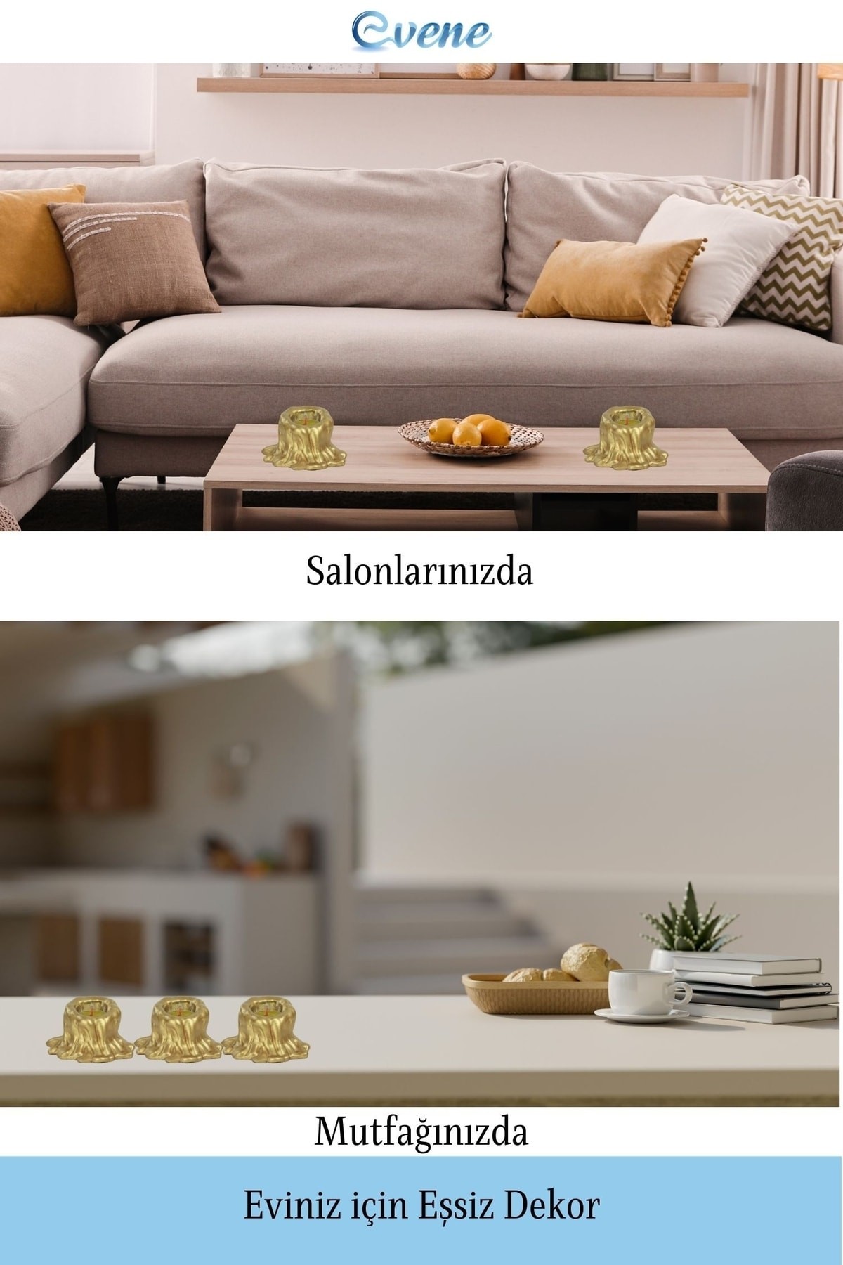 Altın Mumluk Şamdan 3 Adet Tealight Uyumlu Üçlü Küçük Erimiş Mum Model