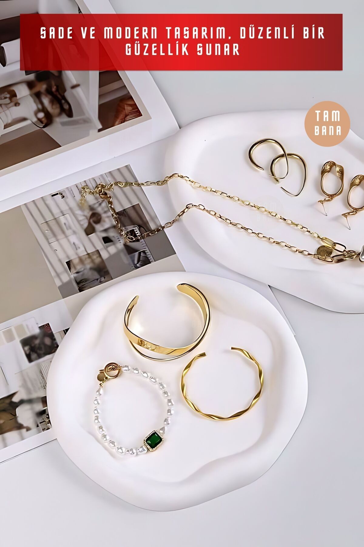 Beyaz Sunumluk Takı Tabağı Dekoratif Tepsi Obje Seti 2 Parça Model 1005