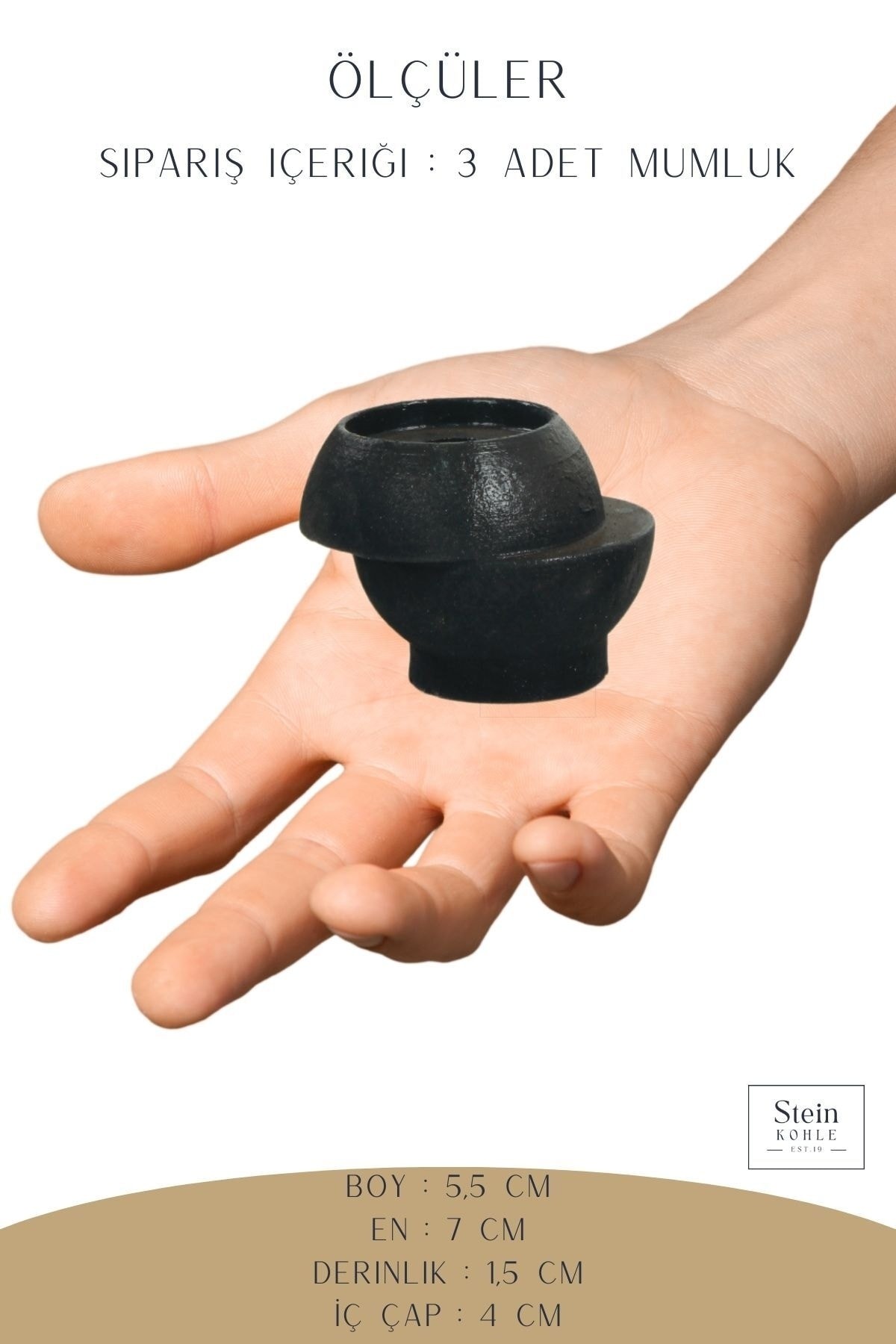 Şamdan Dekoratif Mumluk Siyah Şamdan Set 3 lü (Üçlü) Tealight ve Uzun Mum Uyumlu Kesik Model