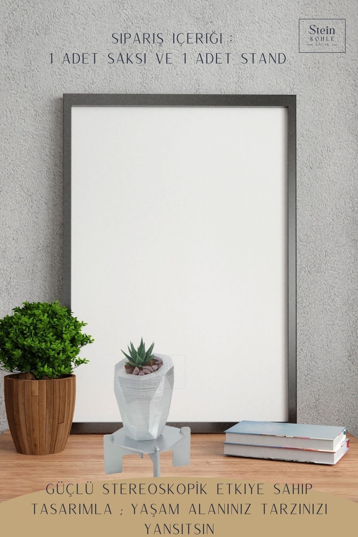 Ayaklı Saksı Ahşap Dekoratif Kaktüs Saksısı 1 Adet Gümüş Renk Uygulamalı Uzun Poly Model