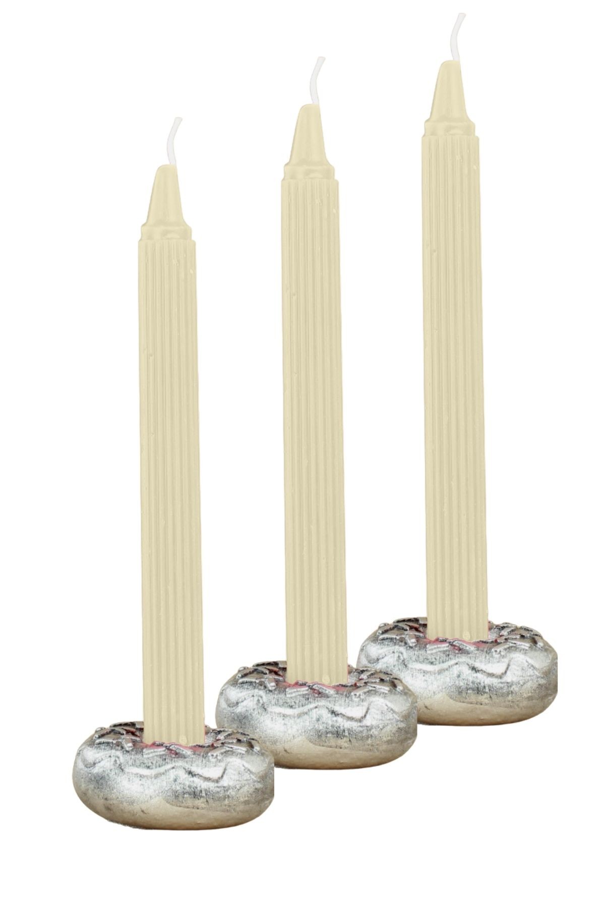 Şamdan Dekoratif Mumluk Gümüş Eskitme Şamdan Set 3 lü (Üçlü) Uzun Mum Uyumlu Donut Model