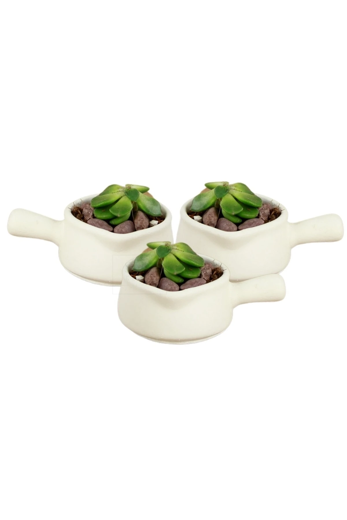 Dekoratif Saksı Minik Kaktüs Saksısı Beyaz Renk 3 Adet Saksı Seti Mini Tava Model