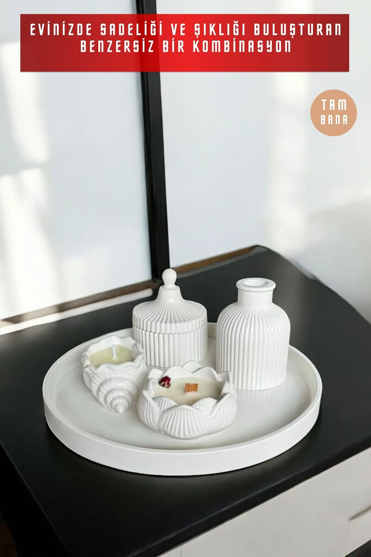 Krem Sunumluk Takı Tabağı Dekoratif Tepsi Obje Seti 5 Parça Model 1025