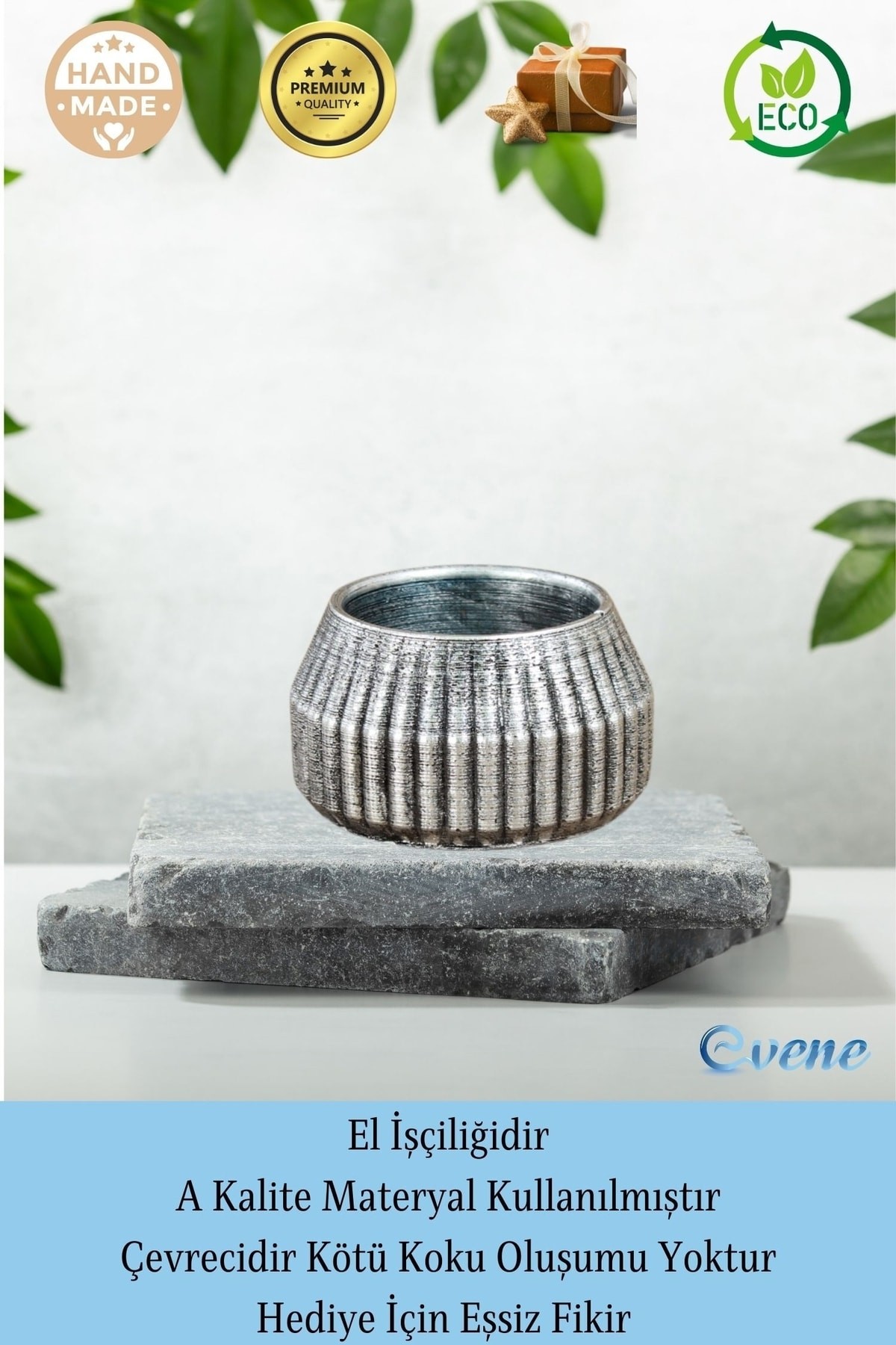 Gümüş Eskitme Mumluk Şamdan Tealight Mum Uyumlu Çizgili Model