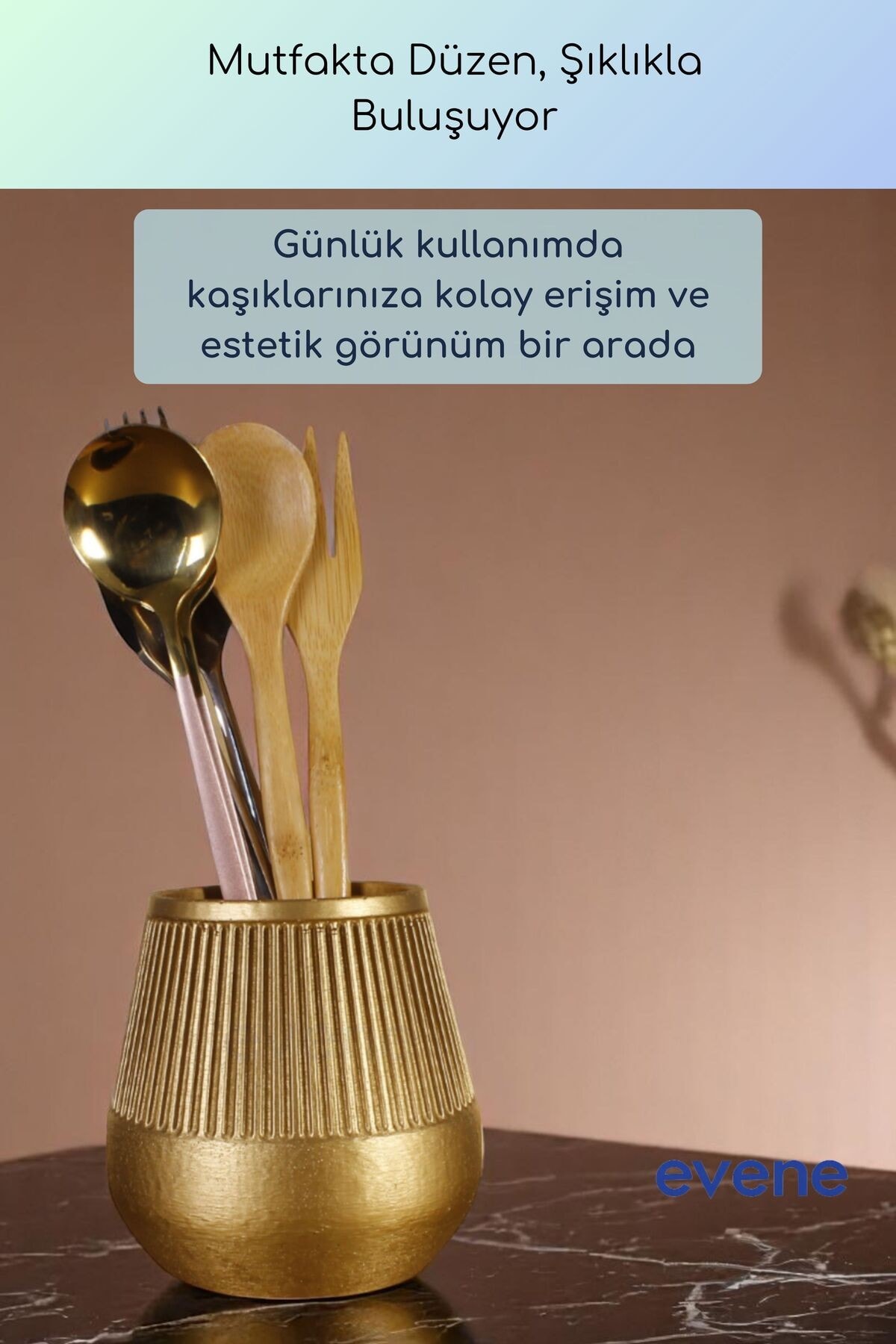 Tezgah Üstü Kaşıklık Dekoratif Dik Kaşıklık Silindir Kaşıklık Altın Renk Model 88