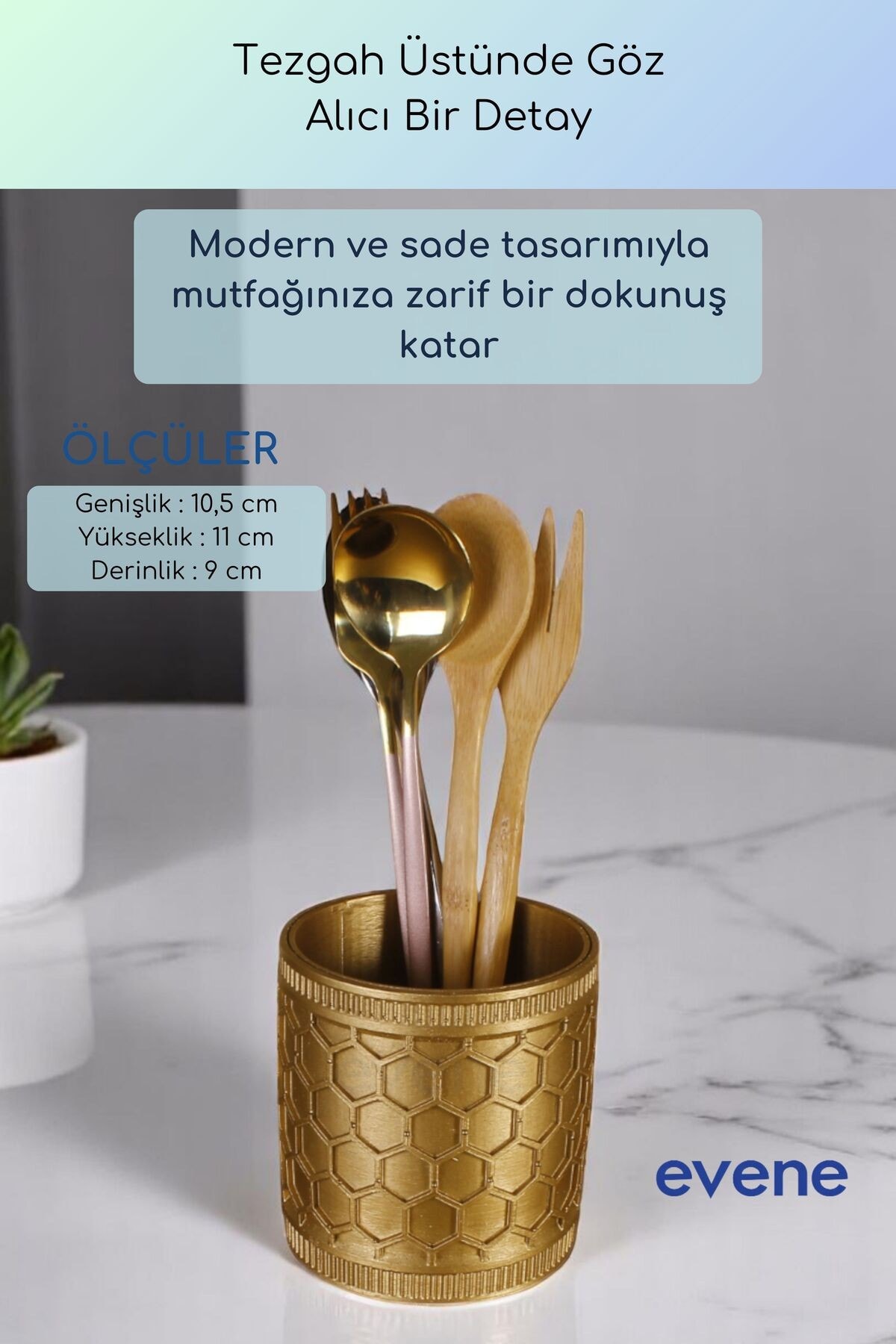 Tezgah Üstü Kaşıklık Dekoratif Dik Kaşıklık Silindir Kaşıklık Altın Renk Model 81