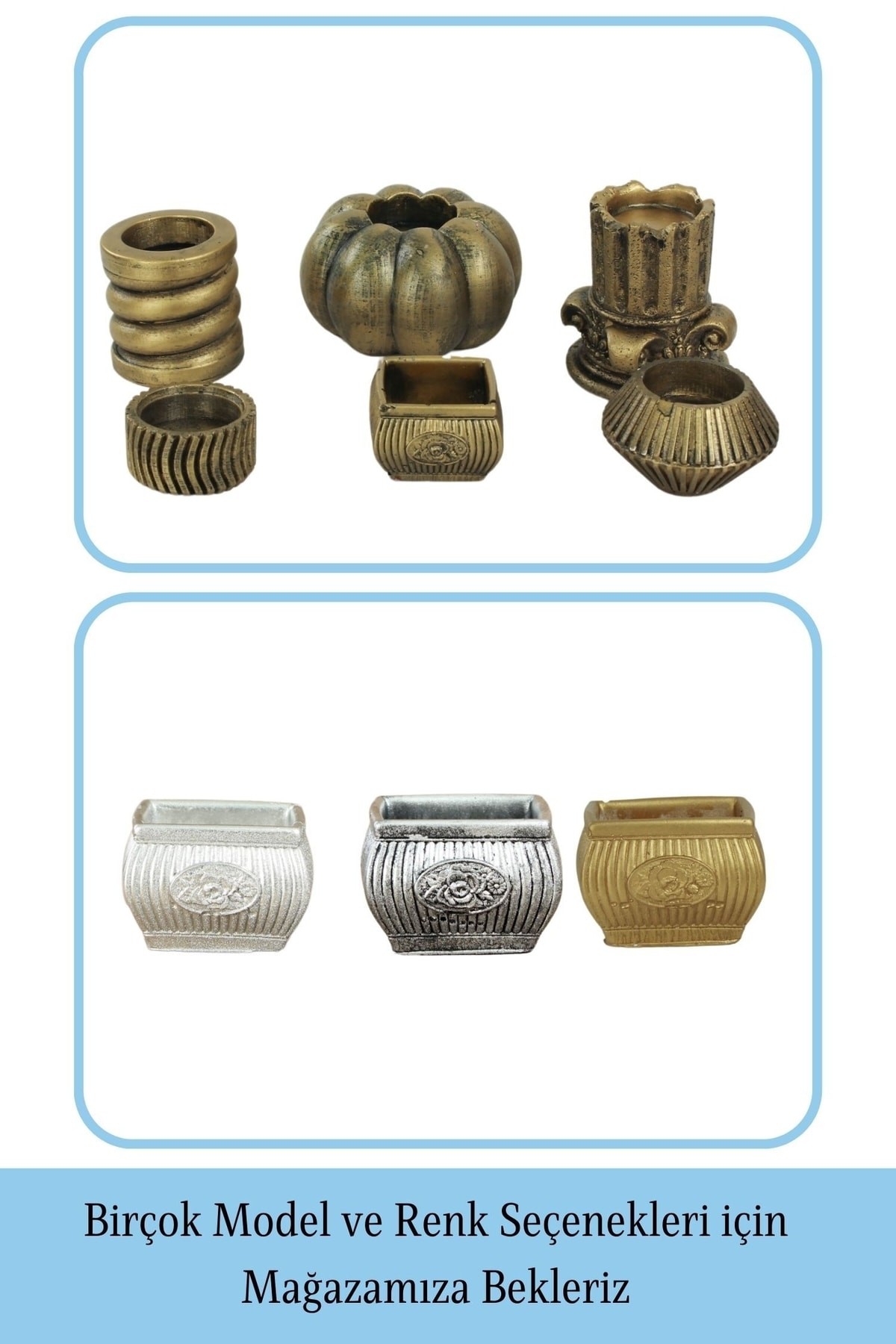 Altın Eskitme Mumluk Şamdan Tealight Mum Uyumlu Mini Çizgili Çiçekli Model