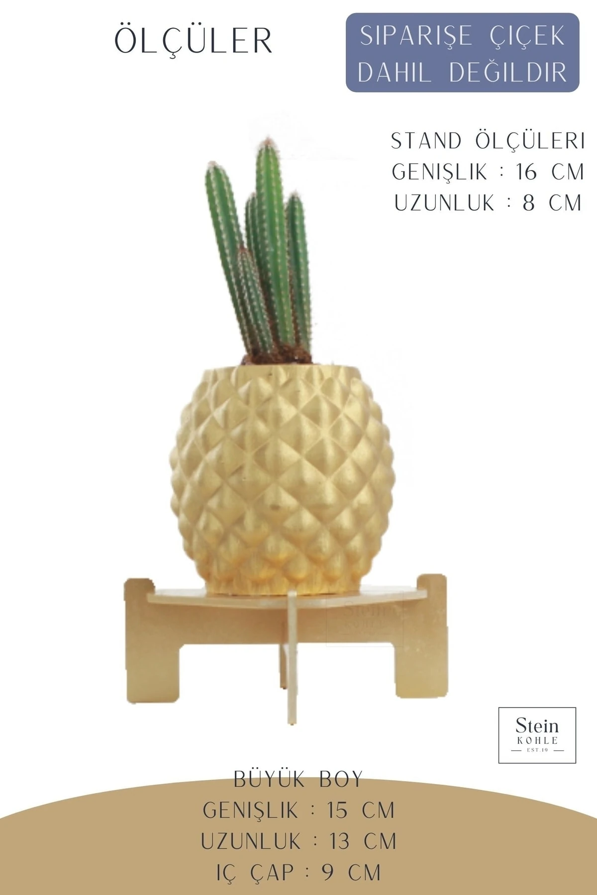 Ayaklı Saksı Ahşap Büyük Boy 1 Adet Altın Renk Uygulamalı Ananas Model