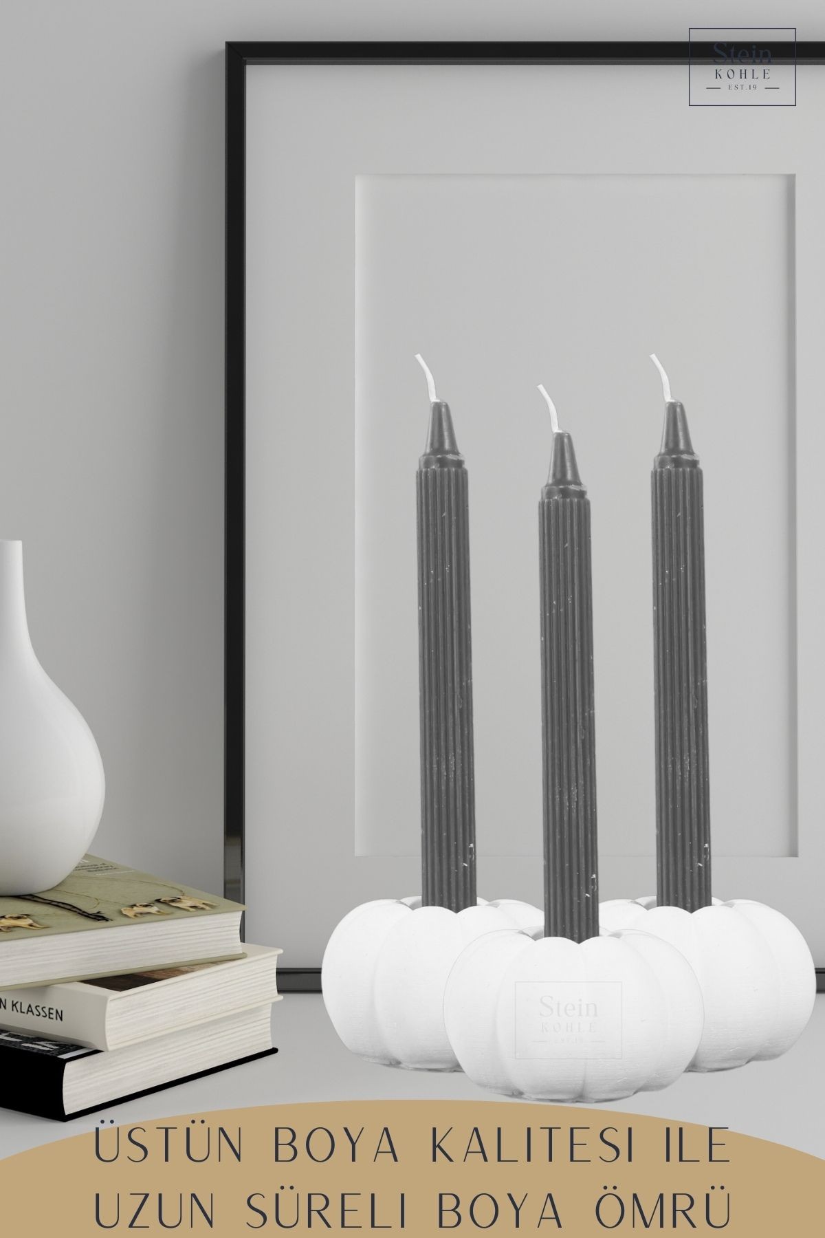 Şamdan Dekoratif Mumluk Beyaz Şamdan Set 3 lü (Üçlü) Tealight ve Uzun Mum Uyumlu Kabak Model