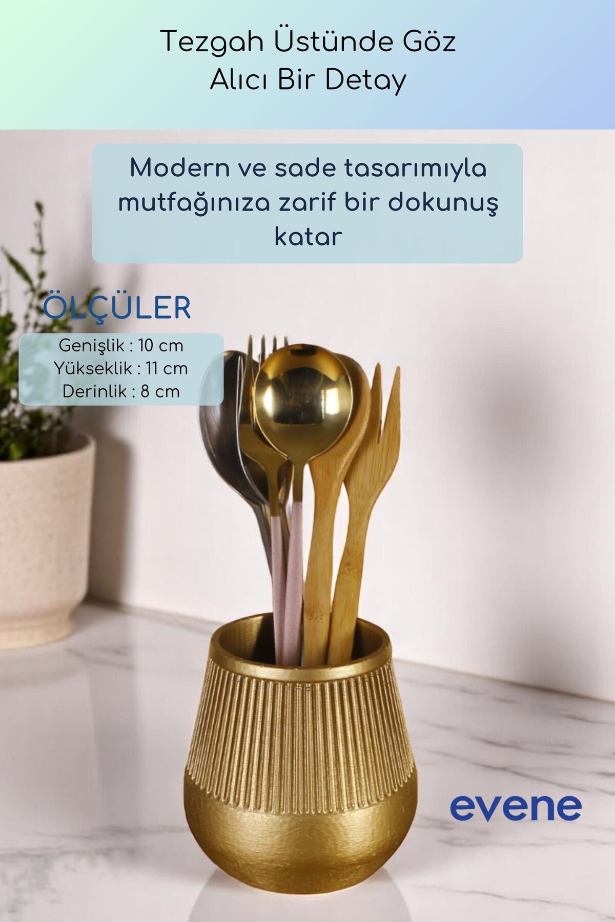 Tezgah Üstü Kaşıklık Dekoratif Dik Kaşıklık Silindir Kaşıklık Altın Renk Model 88