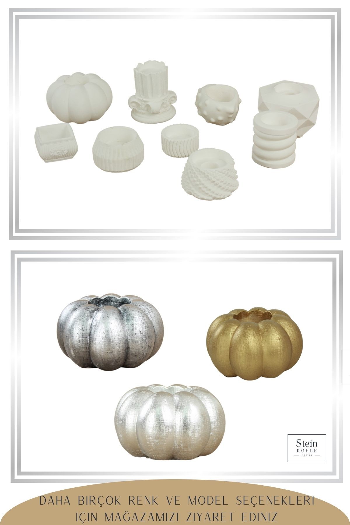 Şamdan Dekoratif Mumluk Beyaz Şamdan Set 3 lü (Üçlü) Tealight ve Uzun Mum Uyumlu Kabak Model