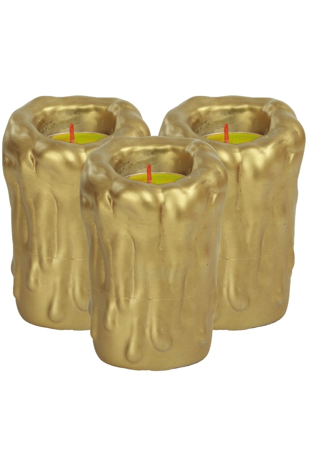 Altın Mumluk Şamdan 3 Adet Tealight Uyumlu Üçlü Büyük Erimiş Mum Model