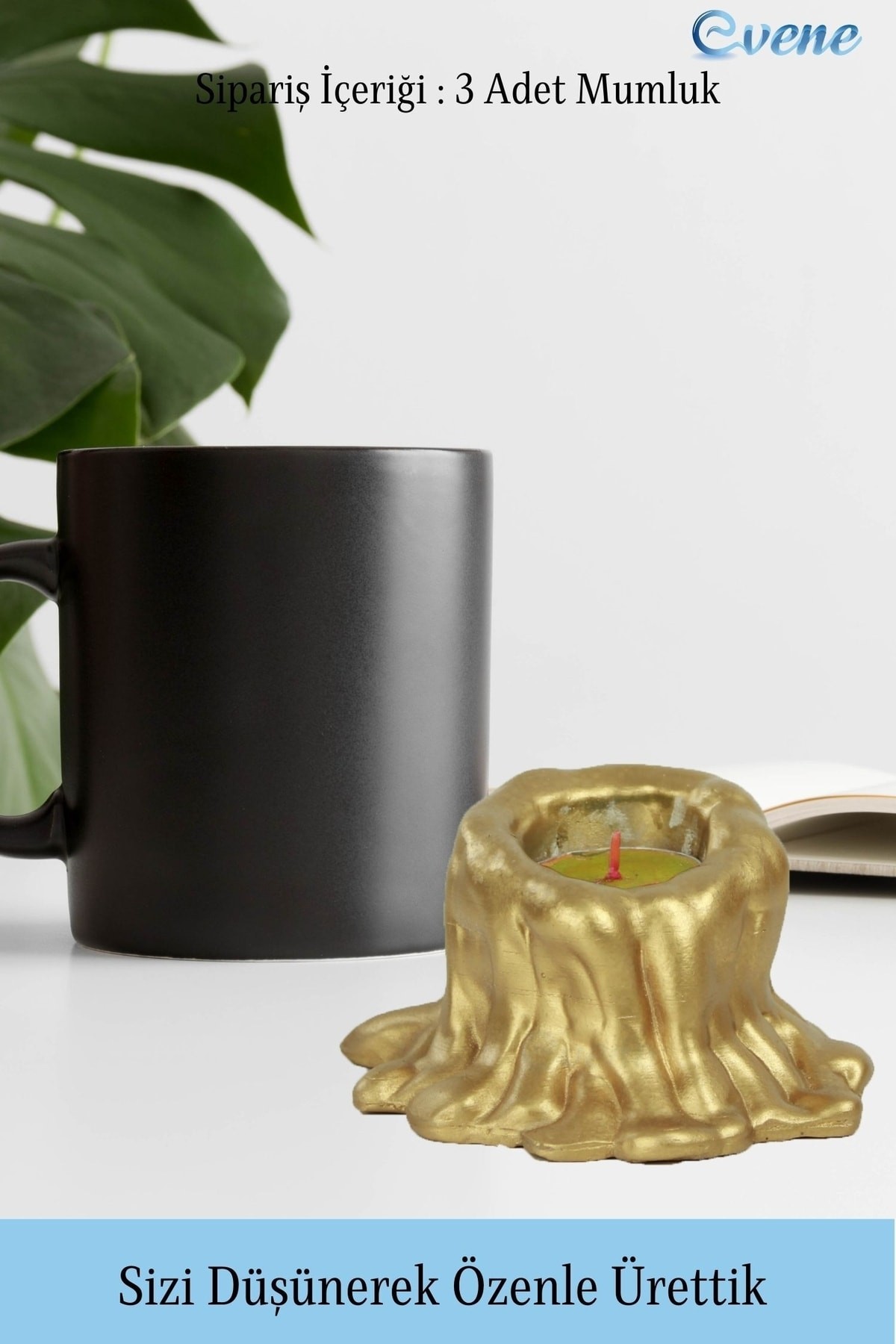 Altın Mumluk Şamdan 3 Adet Tealight Uyumlu Üçlü Küçük Erimiş Mum Model